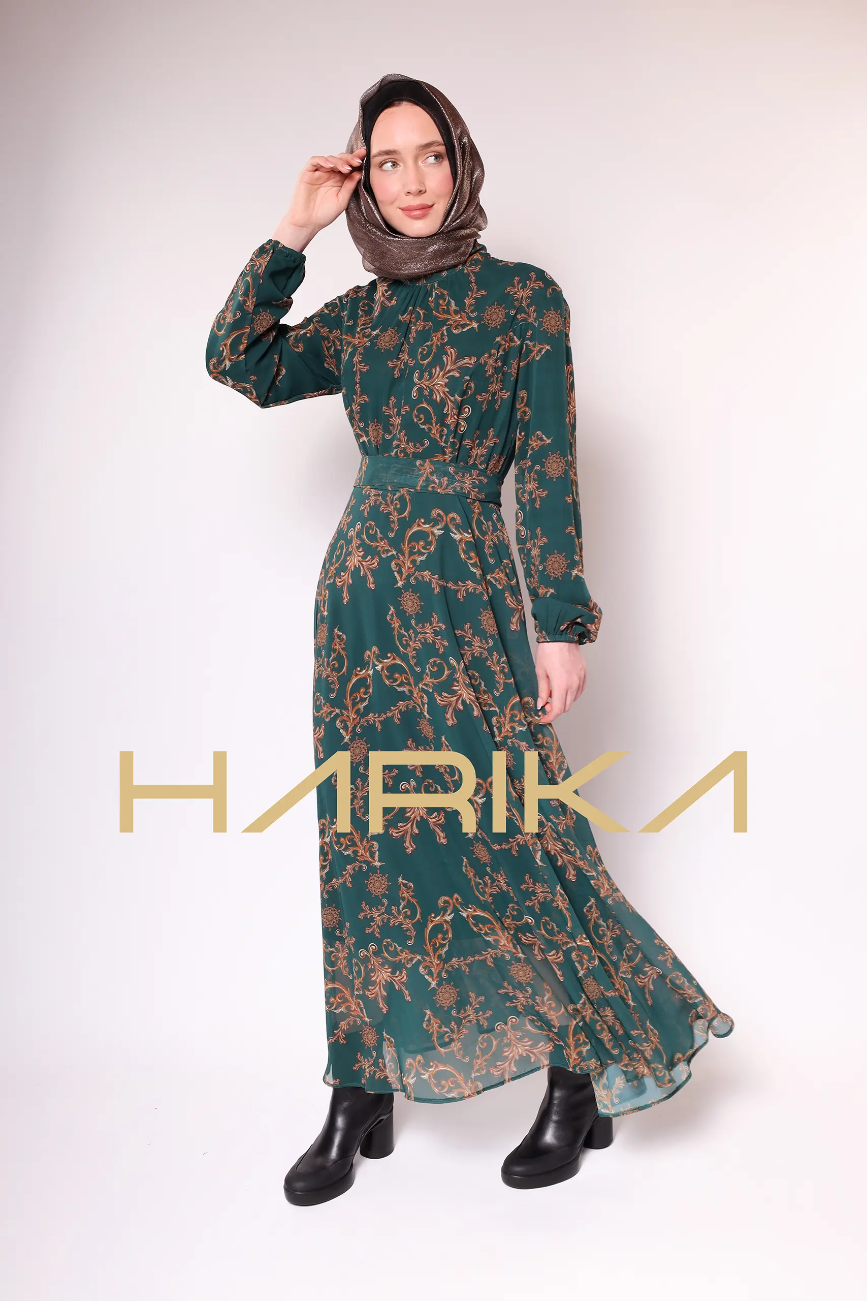 Green Gold Patterned Chiffon Dress - Image 15