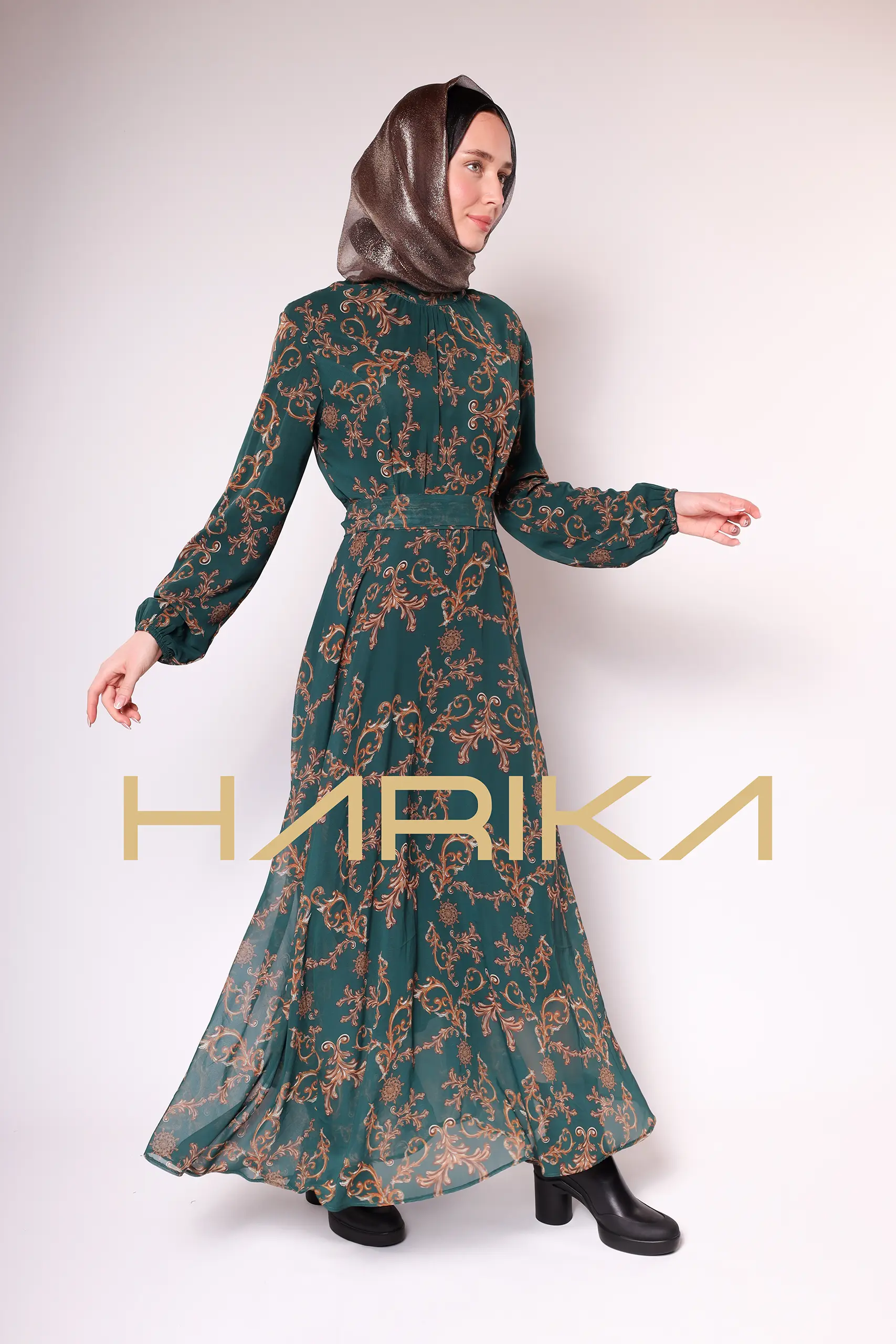 Green Gold Patterned Chiffon Dress