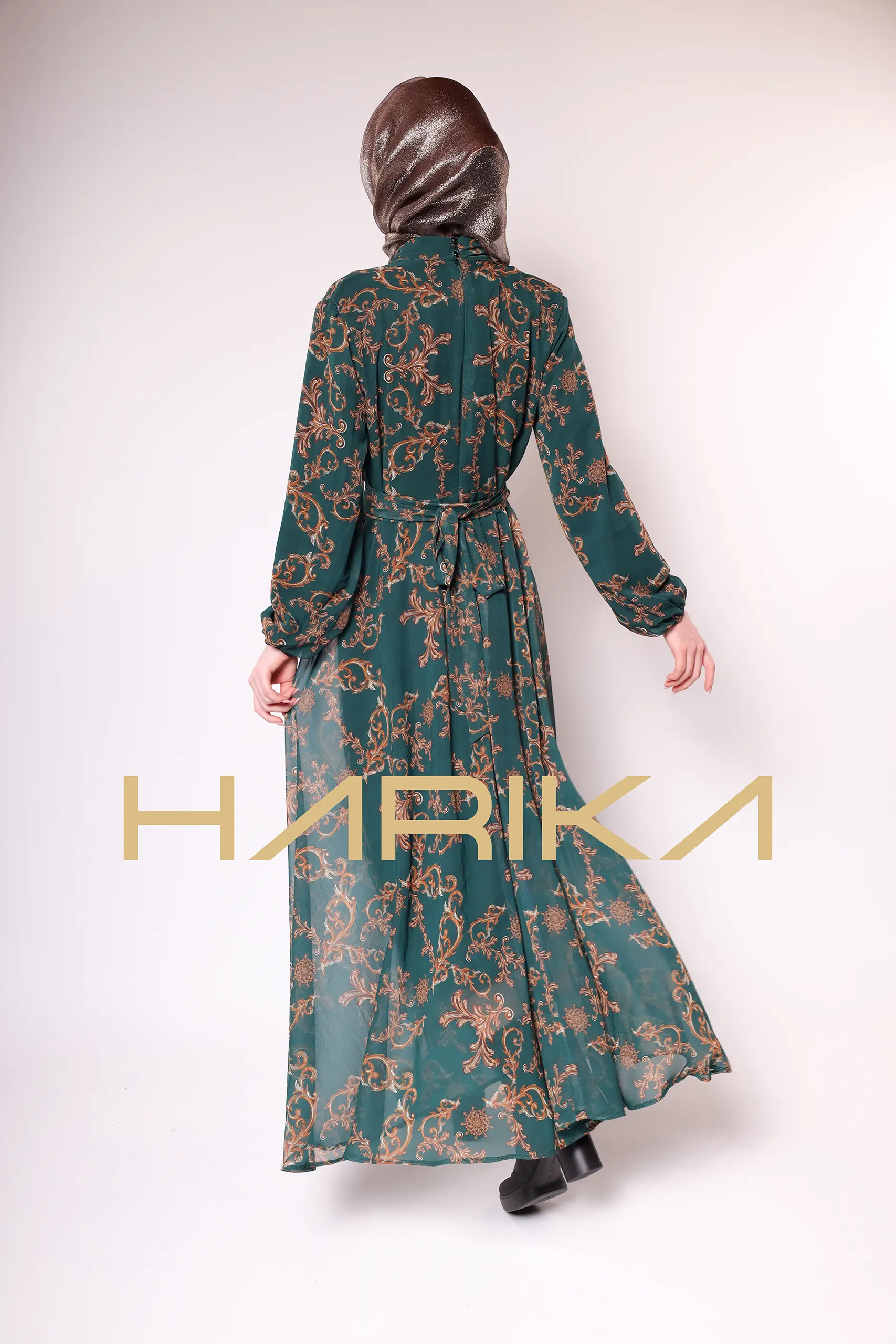 Green Gold Patterned Chiffon Dress - Image 13