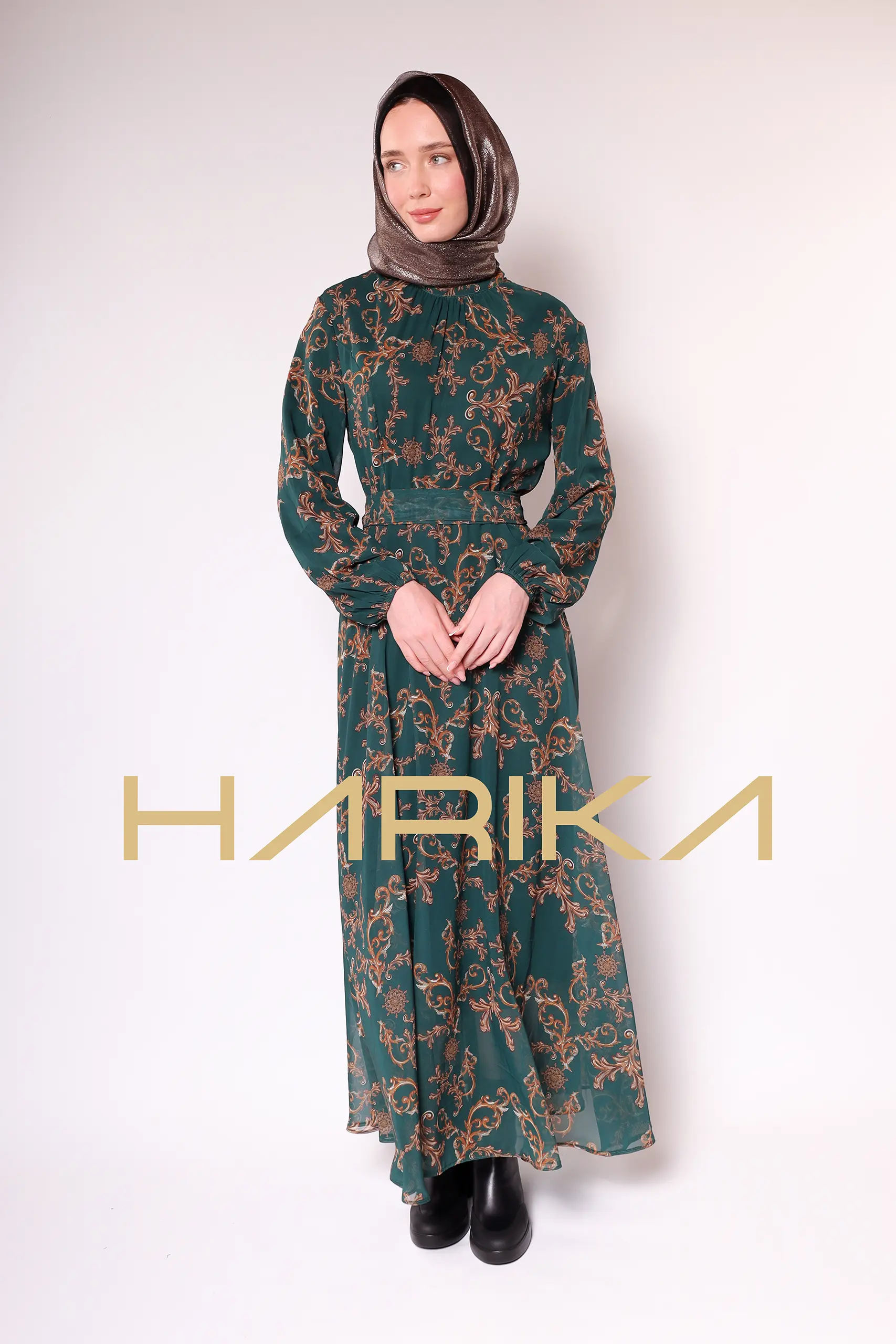 Green Gold Patterned Chiffon Dress - Image 12