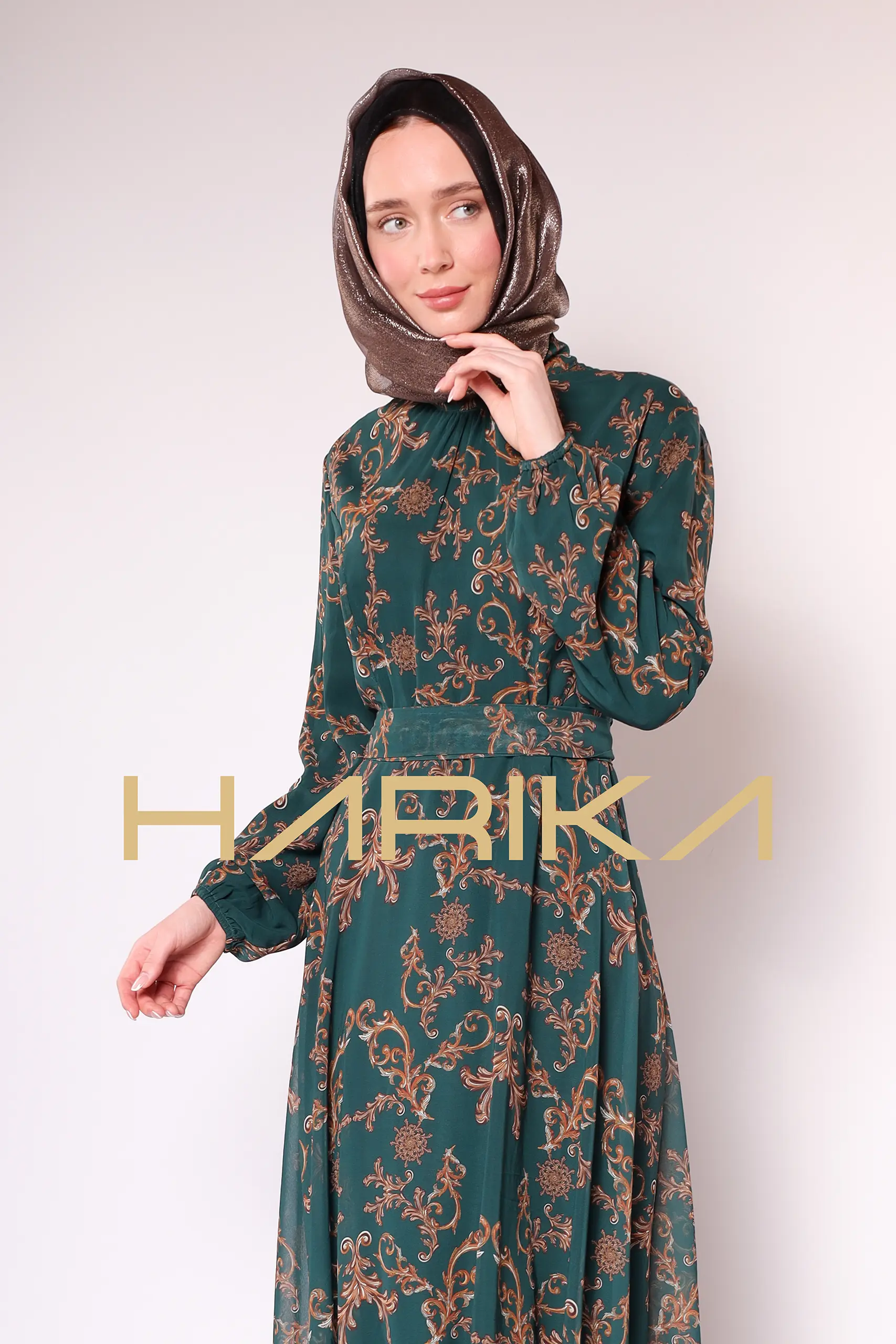 Green Gold Patterned Chiffon Dress - Image 11