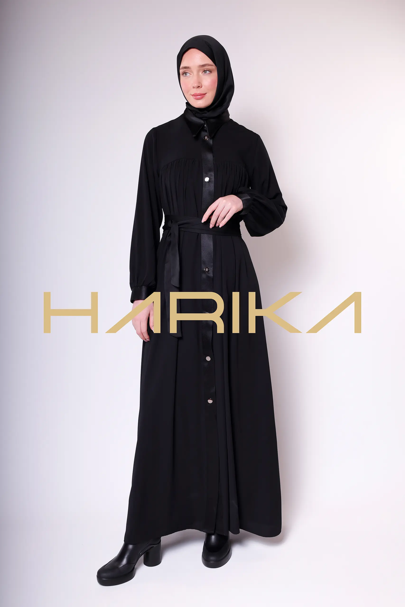 Satin Stripe Detailed Buttoned Black Long Abaya - Chic and Elegant Design - Image 2