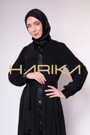 Satin Stripe Detailed Buttoned Black Long Abaya - Chic and Elegant Design