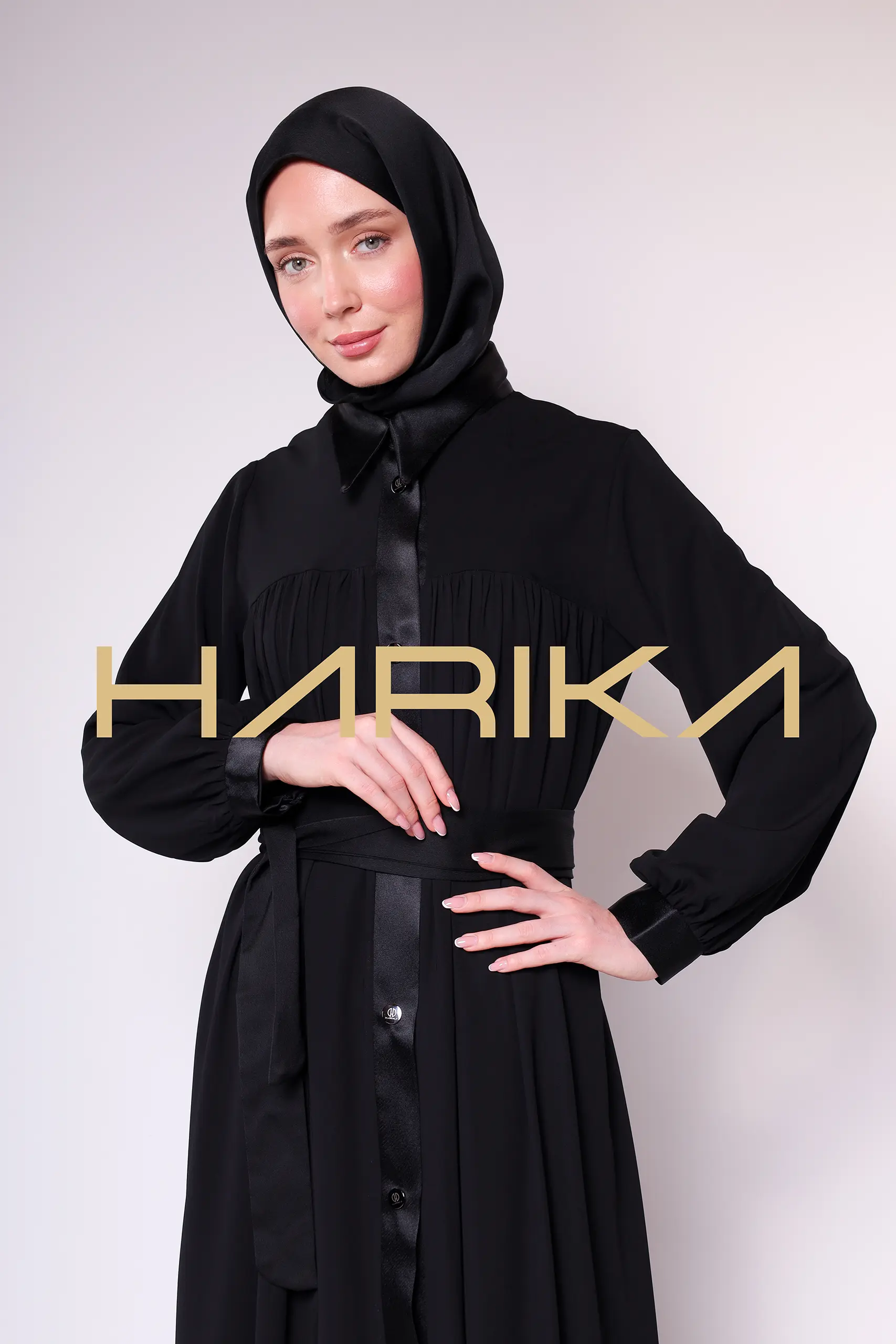 Satin Stripe Detailed Buttoned Black Long Abaya - Chic and Elegant Design