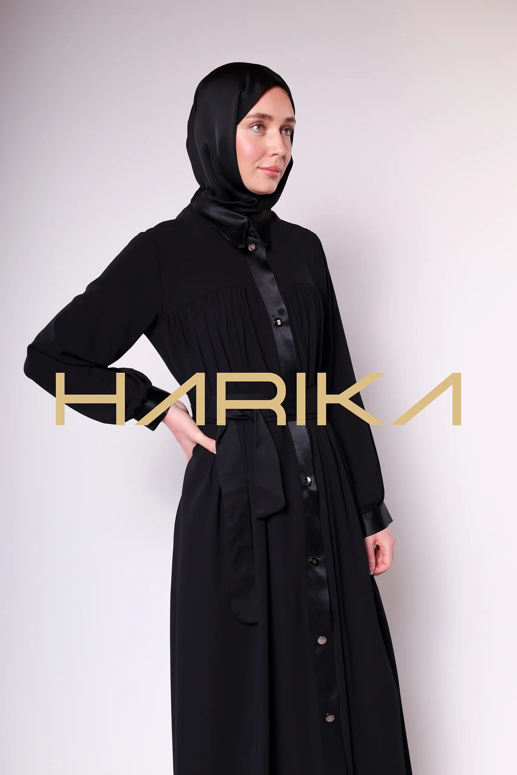 Satin Stripe Detailed Buttoned Black Long Abaya - Chic and Elegant Design - Image 8