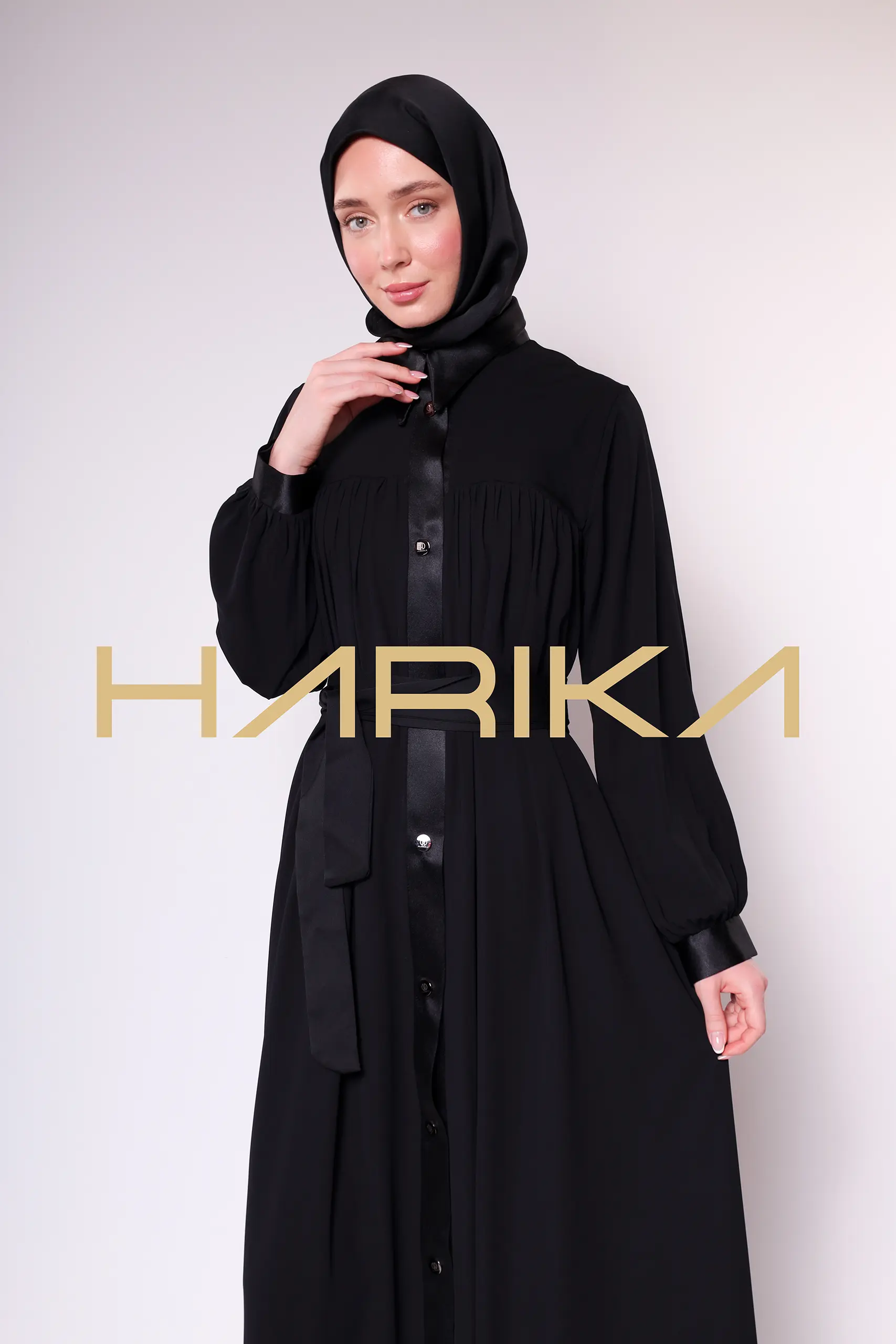 Satin Stripe Detailed Buttoned Black Long Abaya - Chic and Elegant Design - Image 7