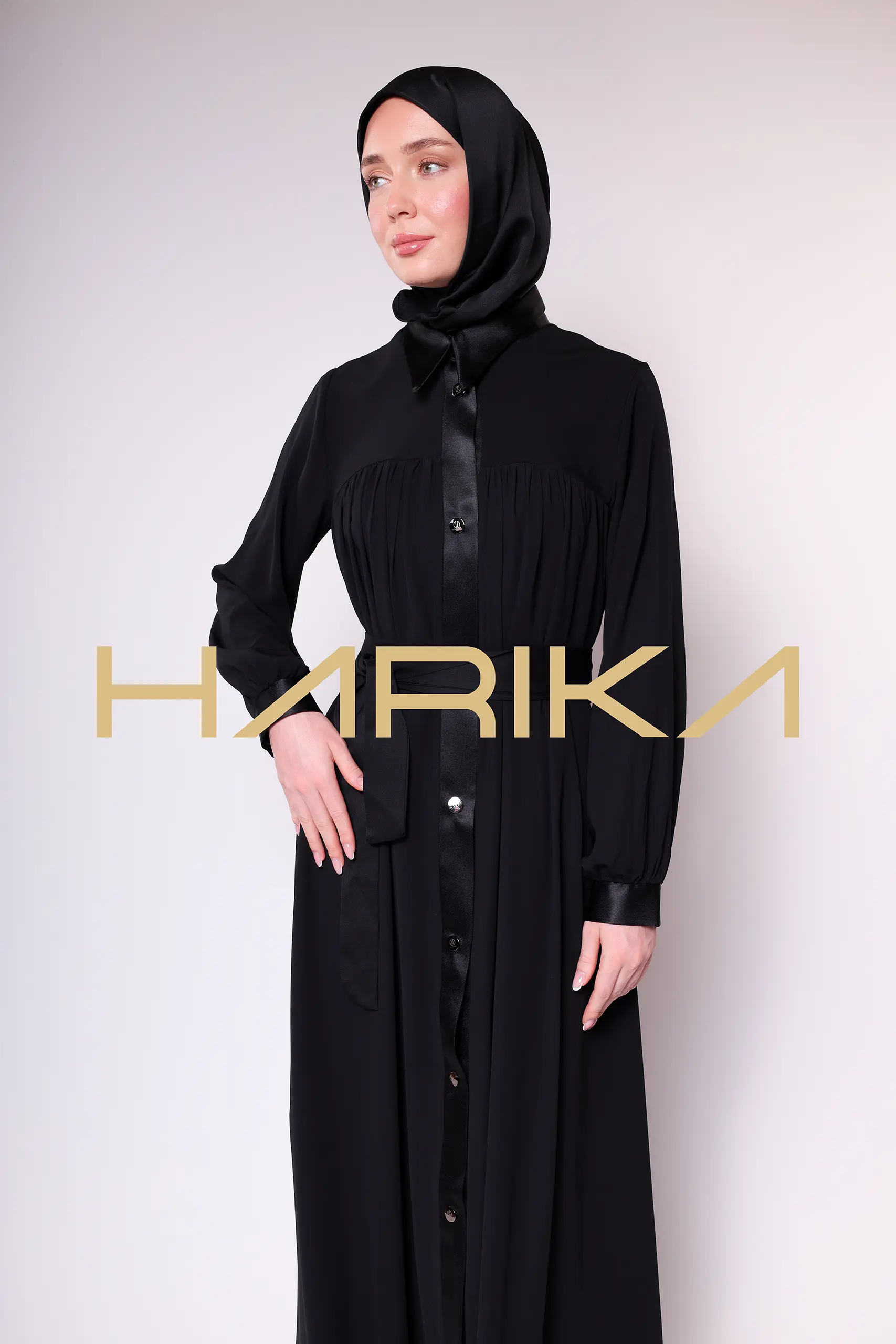 Satin Stripe Detailed Buttoned Black Long Abaya - Chic and Elegant Design - Image 6