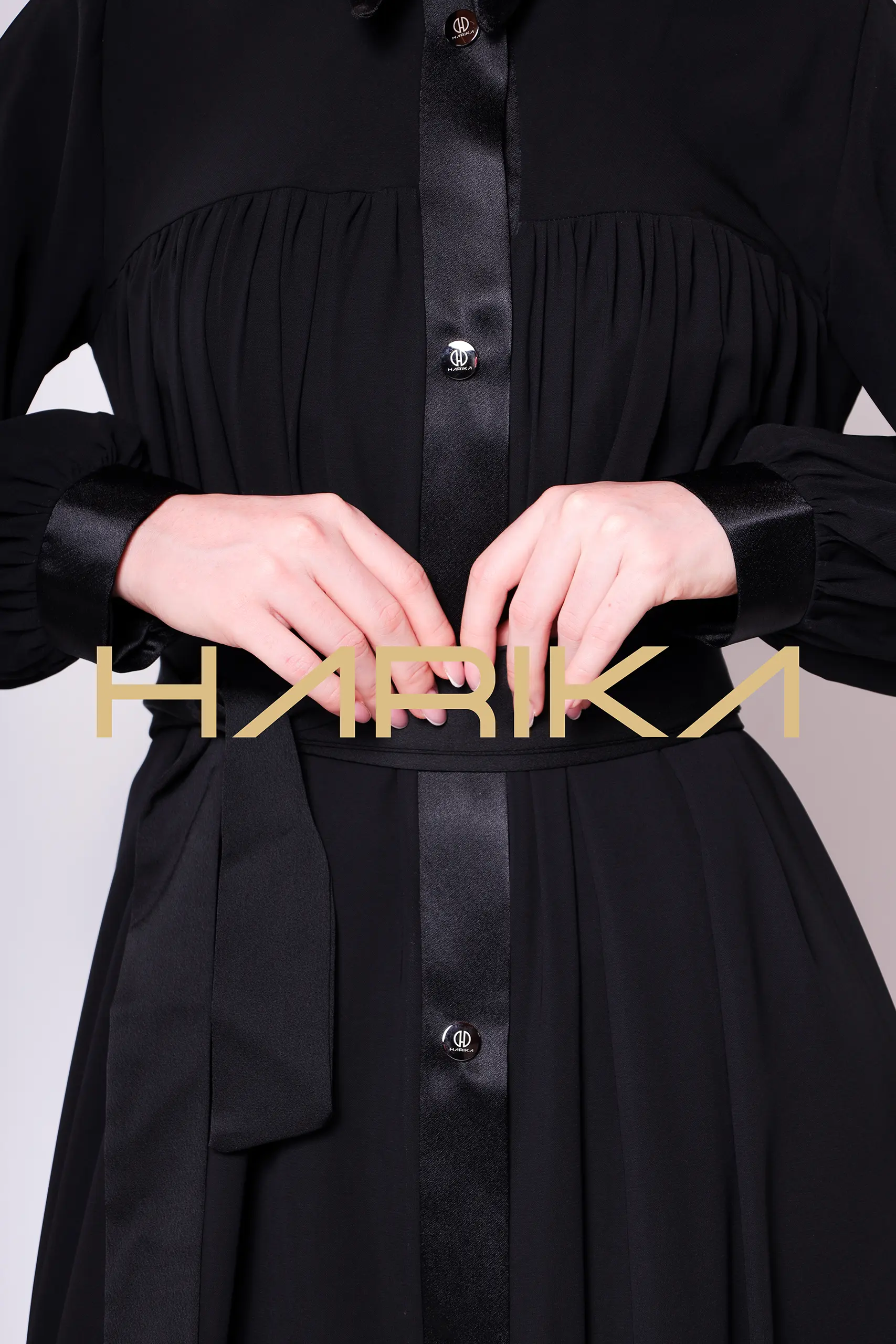 Satin Stripe Detailed Buttoned Black Long Abaya - Chic and Elegant Design - Image 10