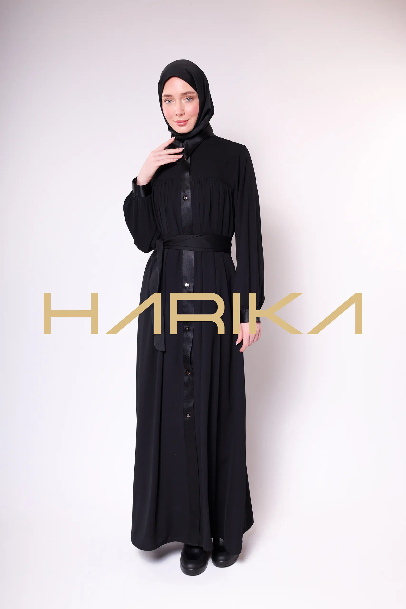 Satin Stripe Detailed Buttoned Black Long Abaya - Chic and Elegant Design - Image 18