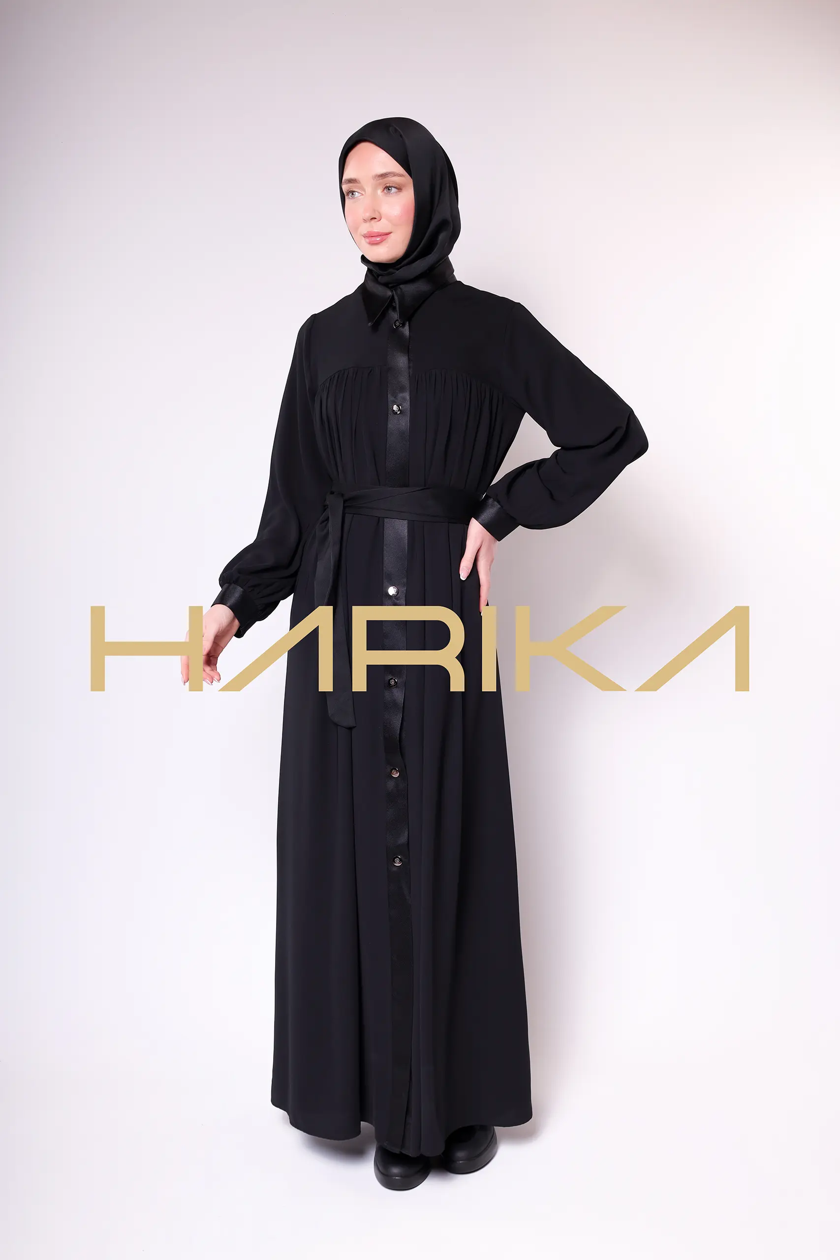 Satin Stripe Detailed Buttoned Black Long Abaya - Chic and Elegant Design - Image 17
