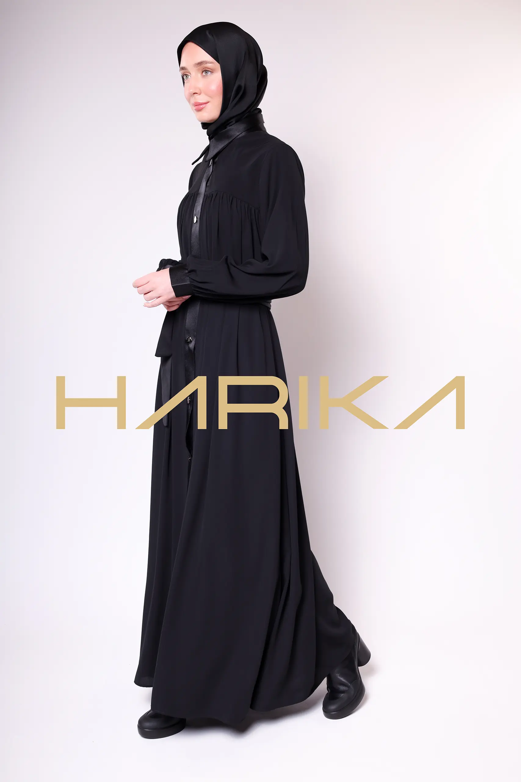 Satin Stripe Detailed Buttoned Black Long Abaya - Chic and Elegant Design - Image 16
