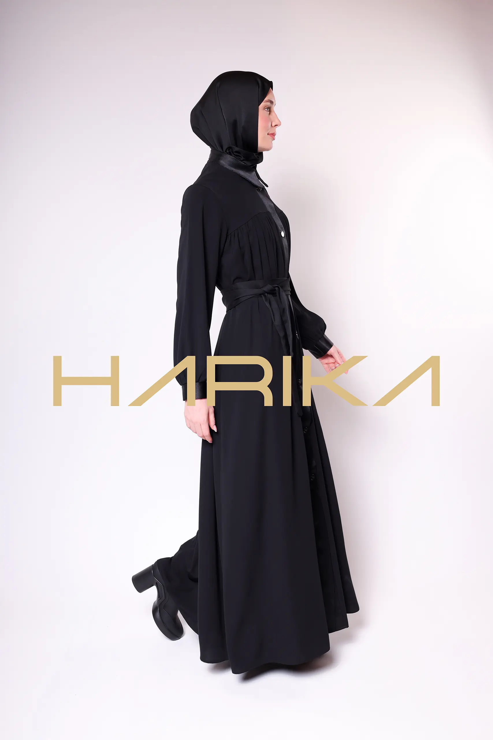 Satin Stripe Detailed Buttoned Black Long Abaya - Chic and Elegant Design - Image 15