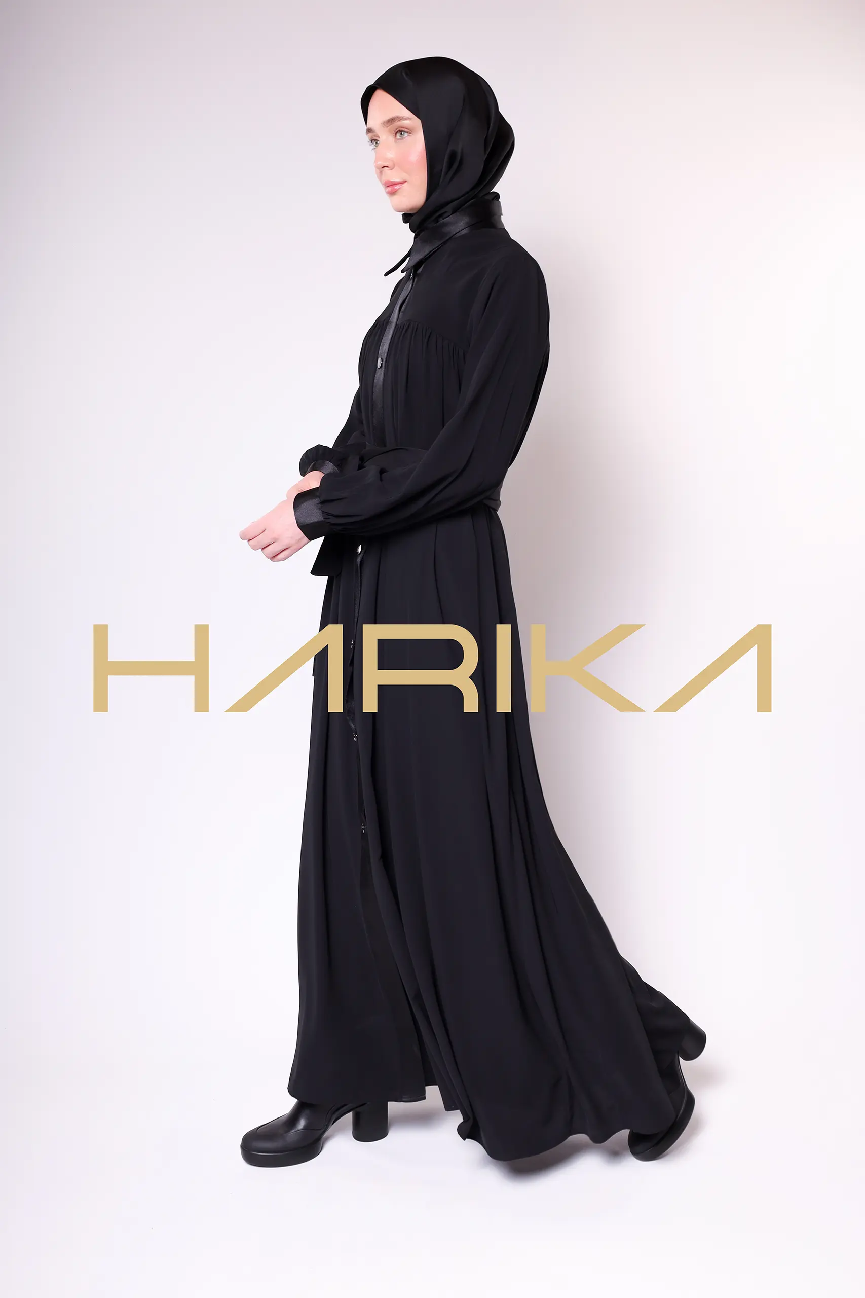 Satin Stripe Detailed Buttoned Black Long Abaya - Chic and Elegant Design - Image 14