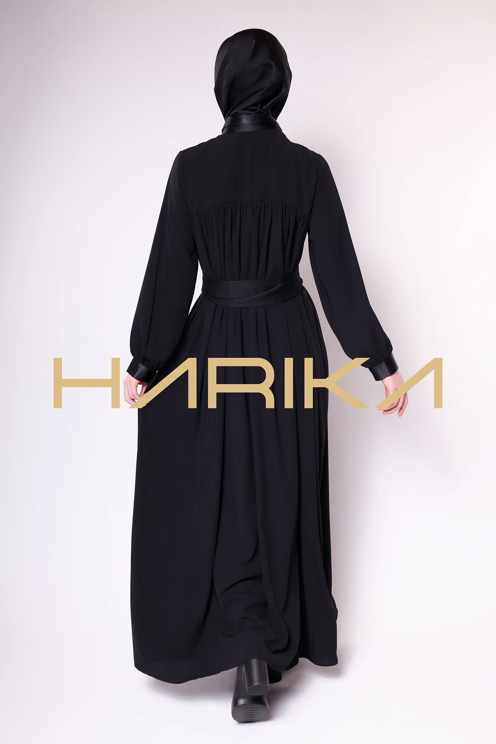 Satin Stripe Detailed Buttoned Black Long Abaya - Chic and Elegant Design - Image 13