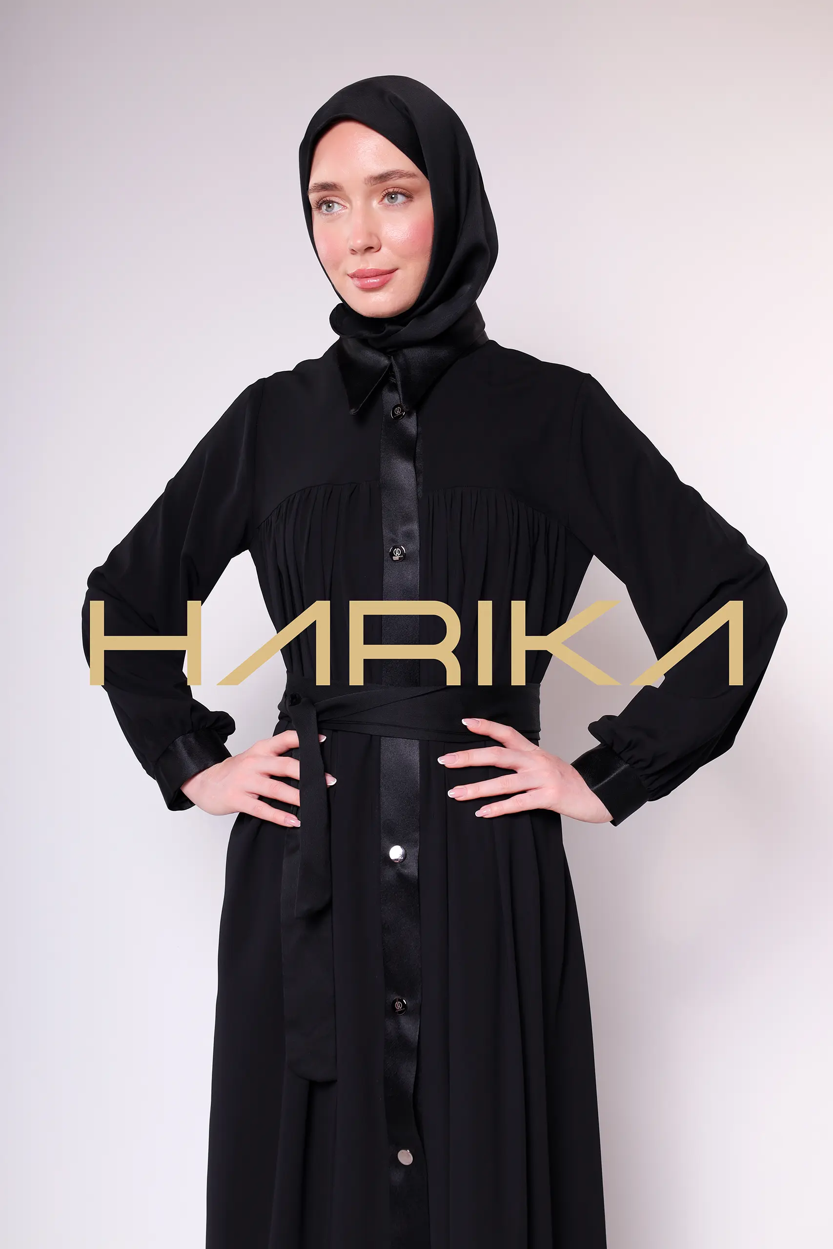 Satin Stripe Detailed Buttoned Black Long Abaya - Chic and Elegant Design - Image 11