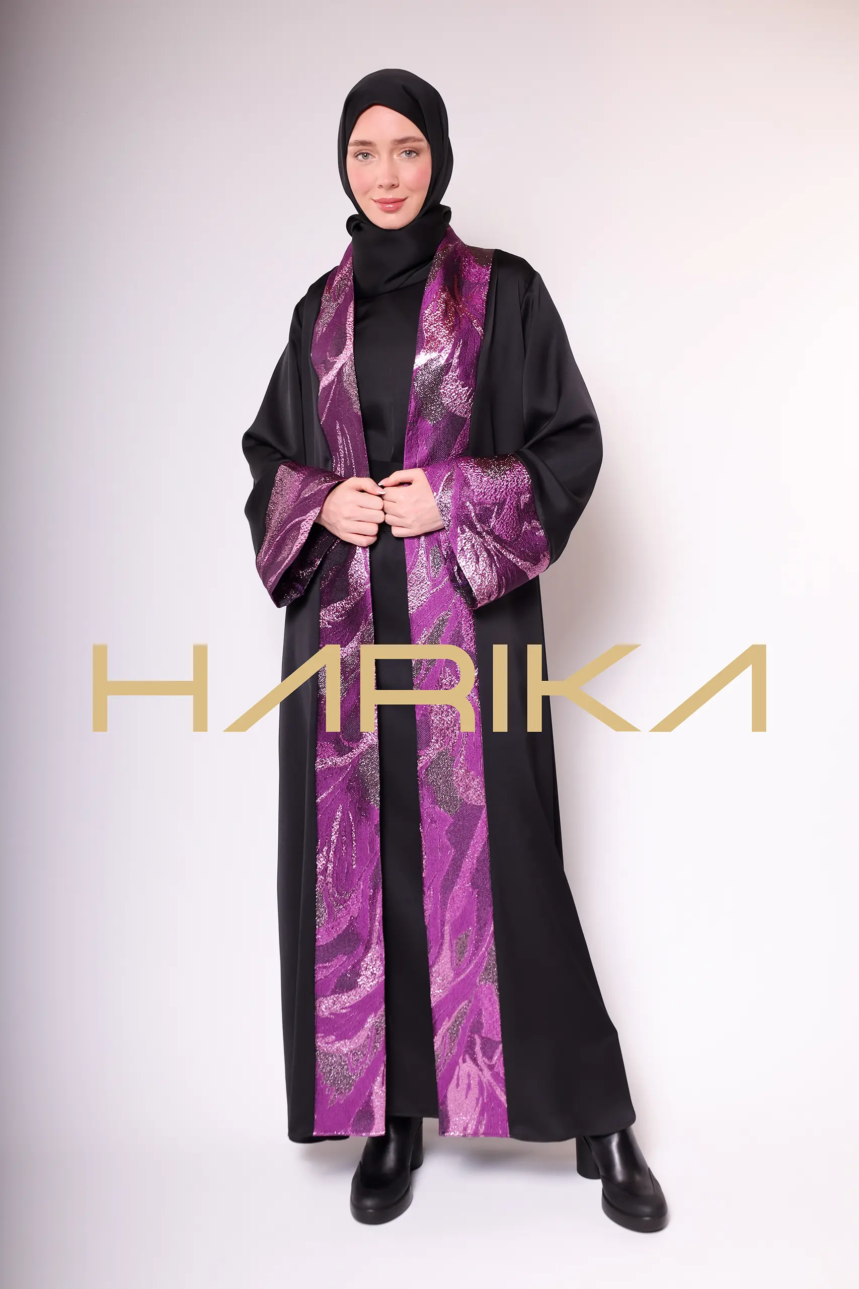 A luxurious silk crepe abaya with purple brocade detailing - Image 13