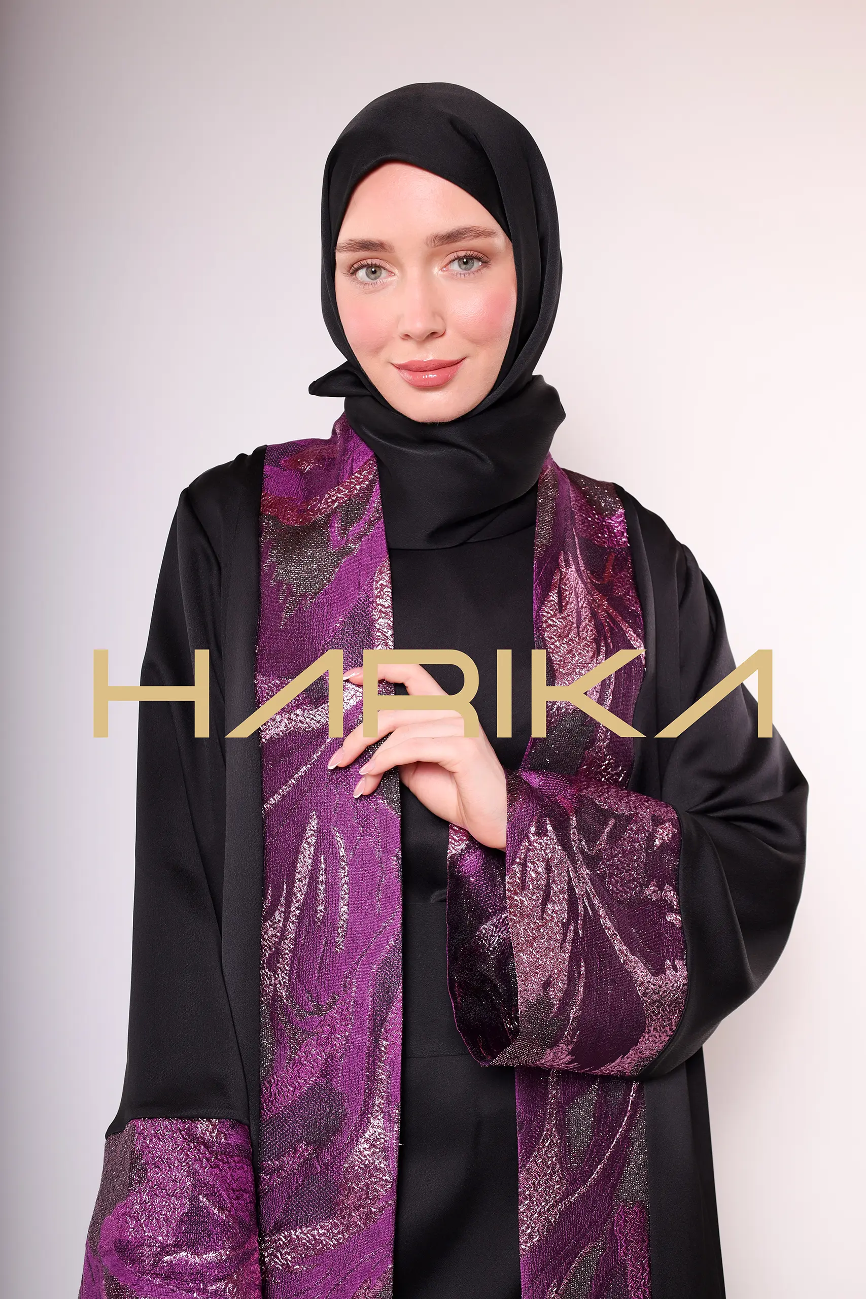 A luxurious silk crepe abaya with purple brocade detailing - Image 4