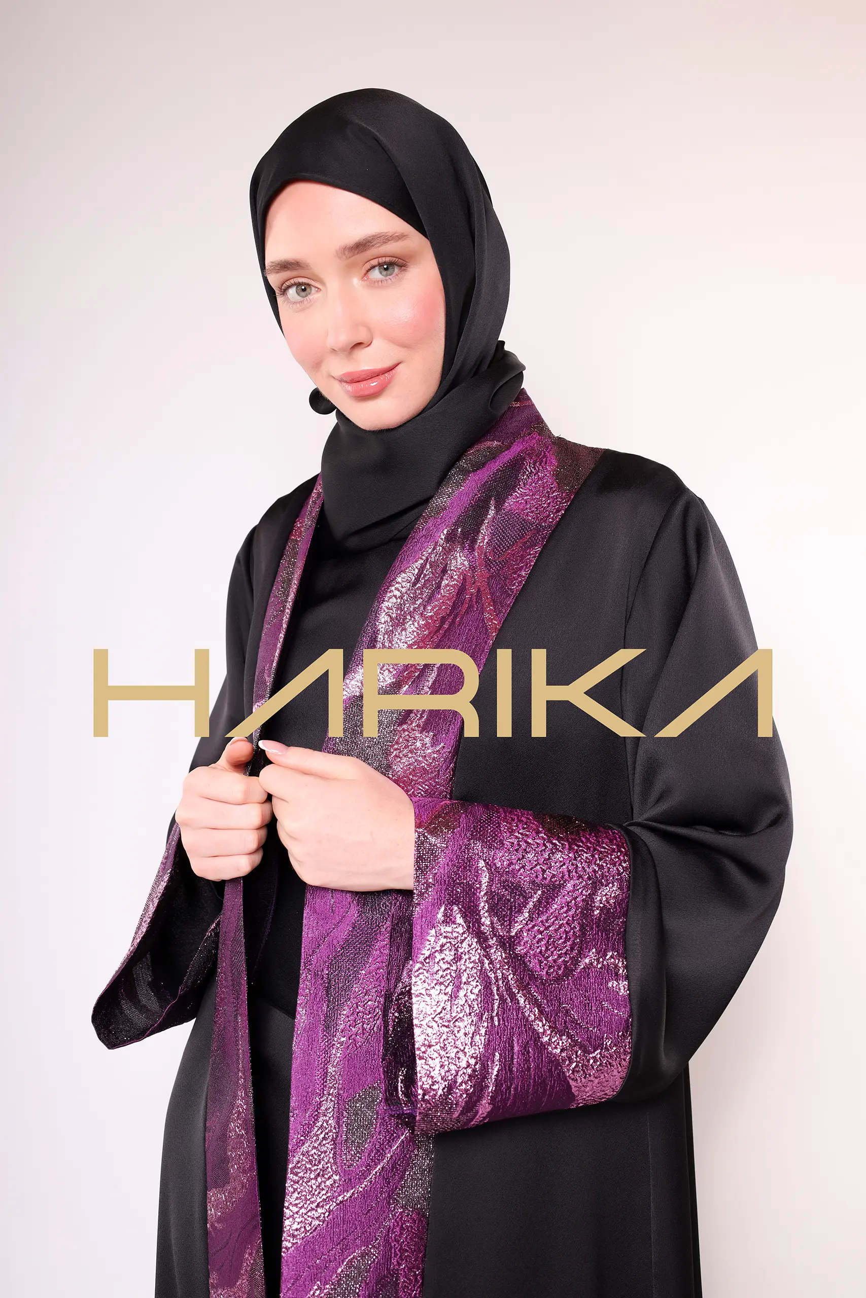 A luxurious silk crepe abaya with purple brocade detailing - Image 3