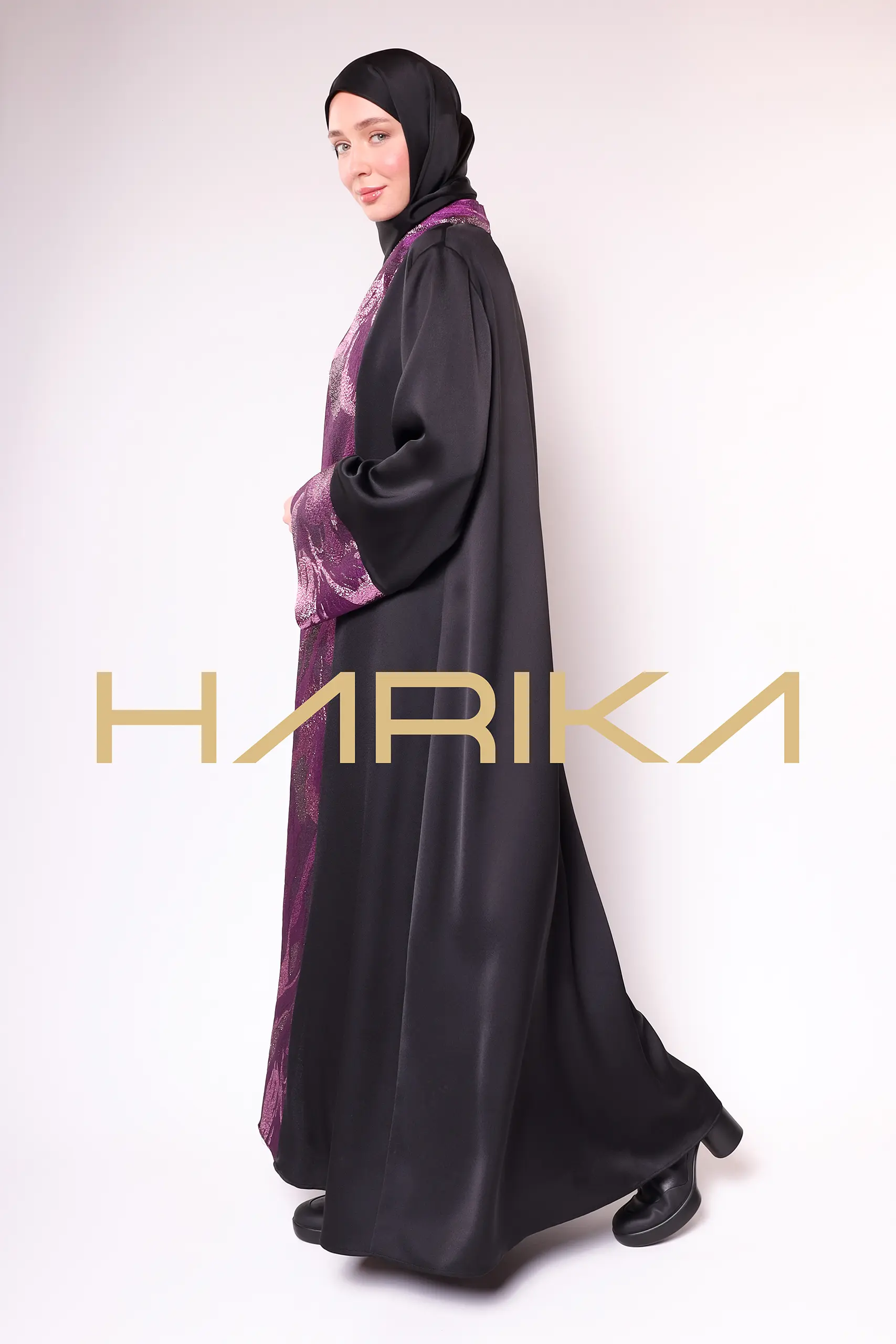 A luxurious silk crepe abaya with purple brocade detailing - Image 12
