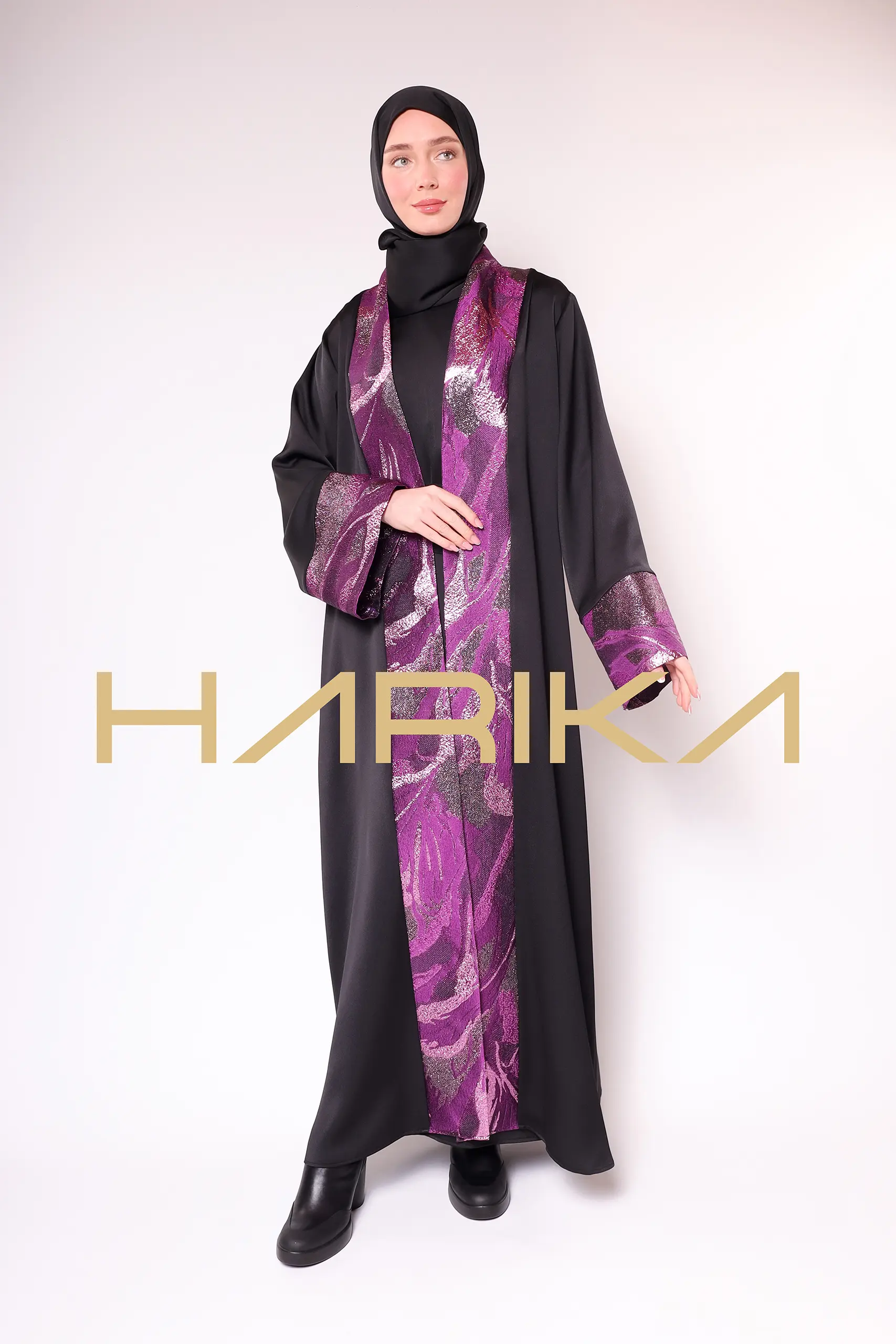 A luxurious silk crepe abaya with purple brocade detailing - Image 11