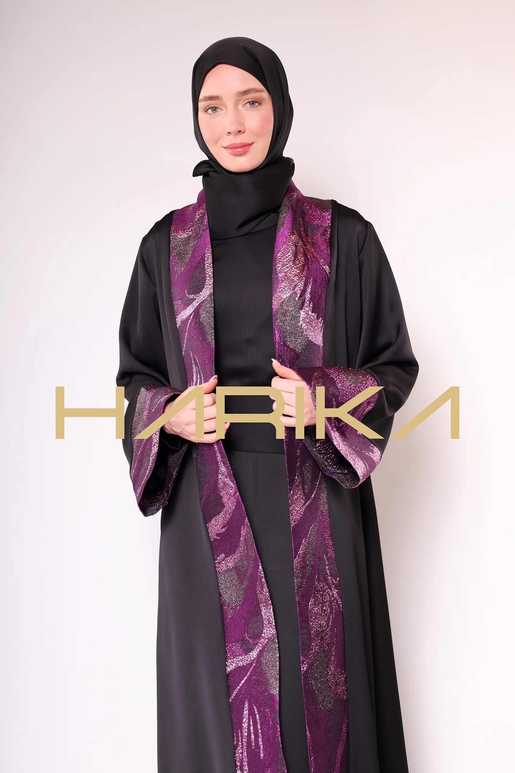 A luxurious silk crepe abaya with purple brocade detailing - Image 10