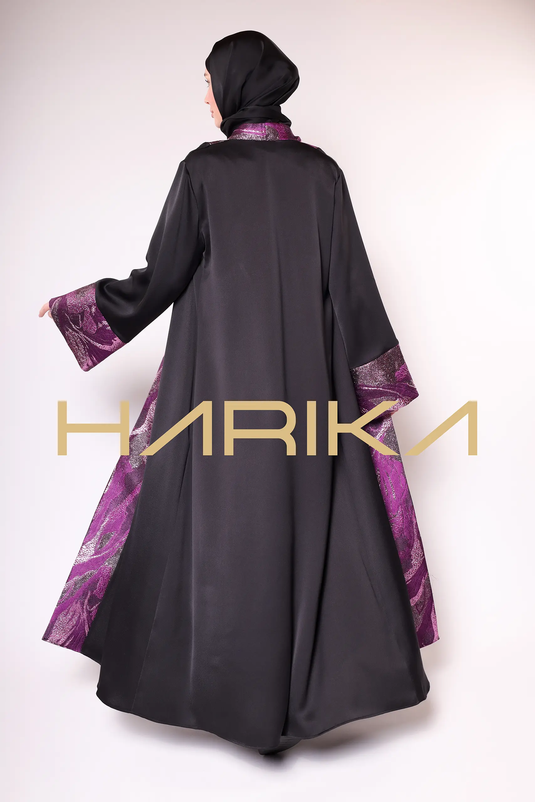 A luxurious silk crepe abaya with purple brocade detailing - Image 9