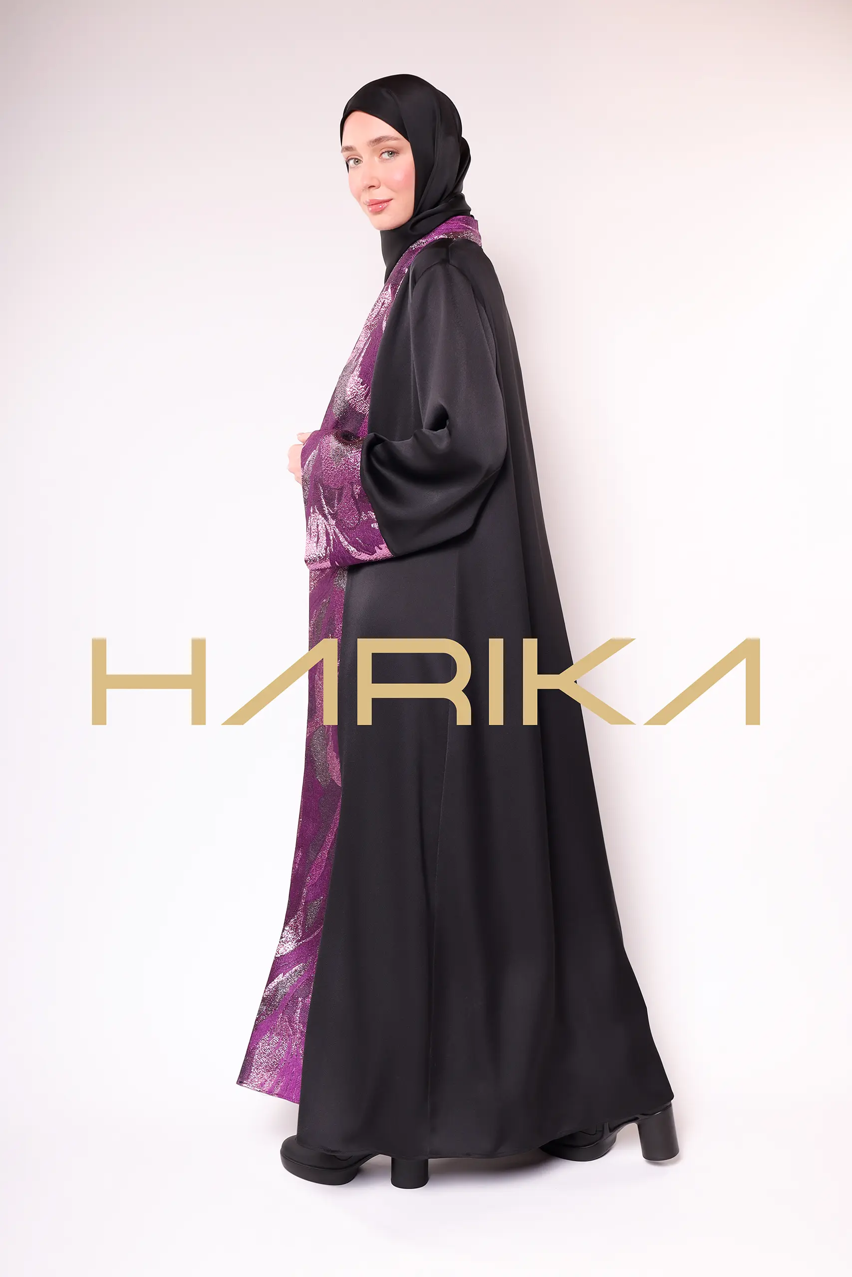 A luxurious silk crepe abaya with purple brocade detailing - Image 8