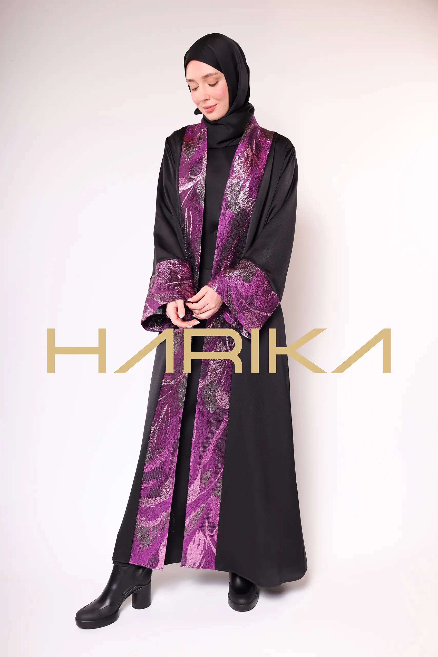A luxurious silk crepe abaya with purple brocade detailing - Image 7