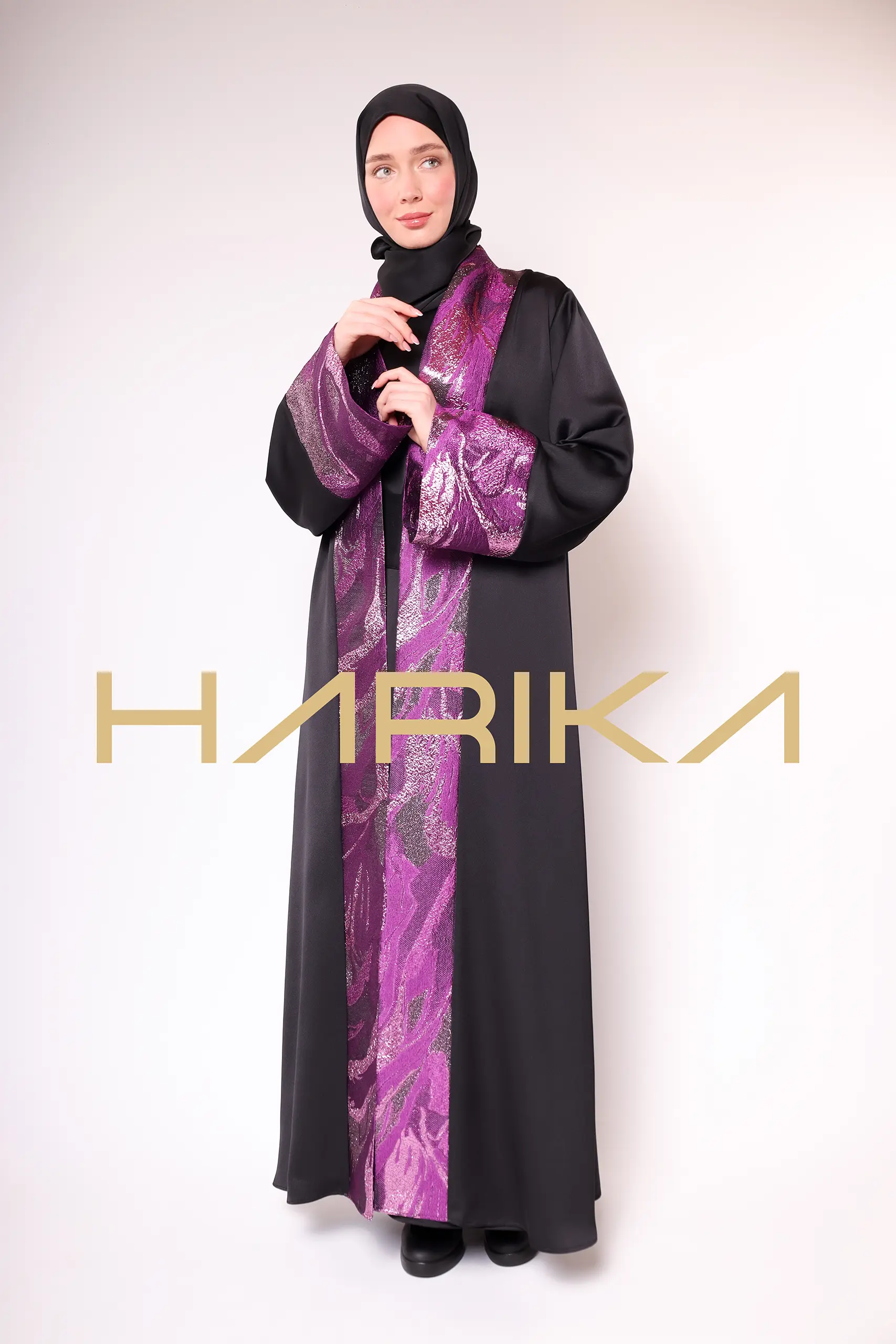 A luxurious silk crepe abaya with purple brocade detailing - Image 6