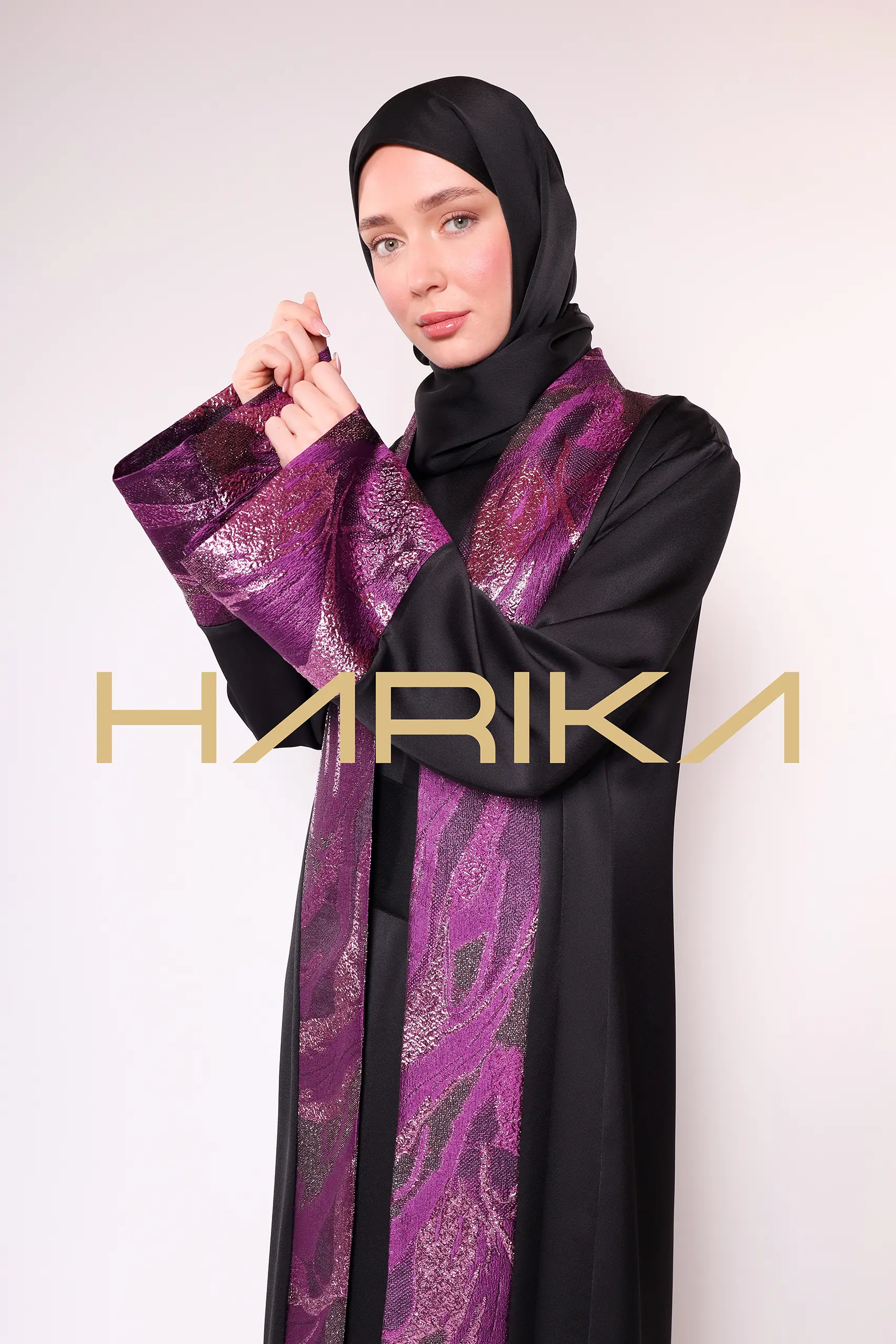 A luxurious silk crepe abaya with purple brocade detailing - Image 5