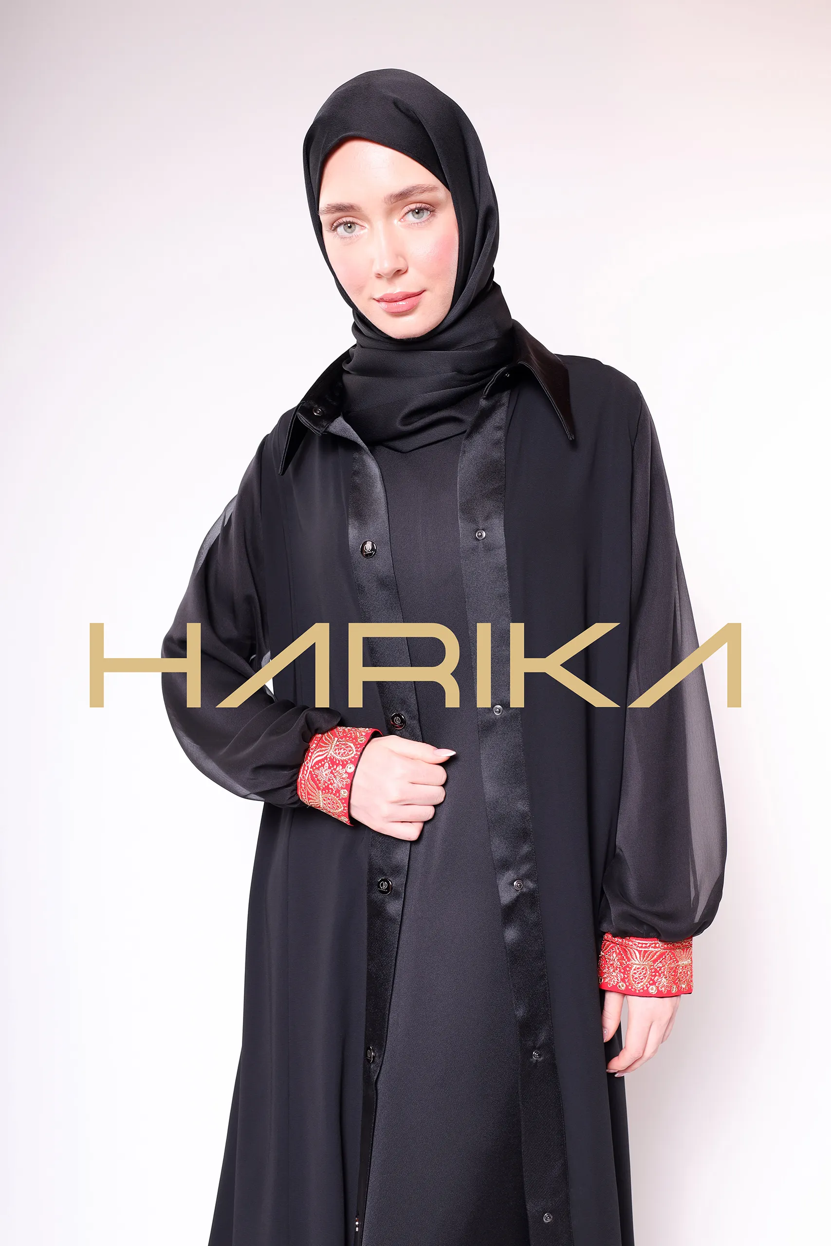 Patterned, Long-Sleeve, Buttoned, Elegant Classic Black Abaya - Image 5
