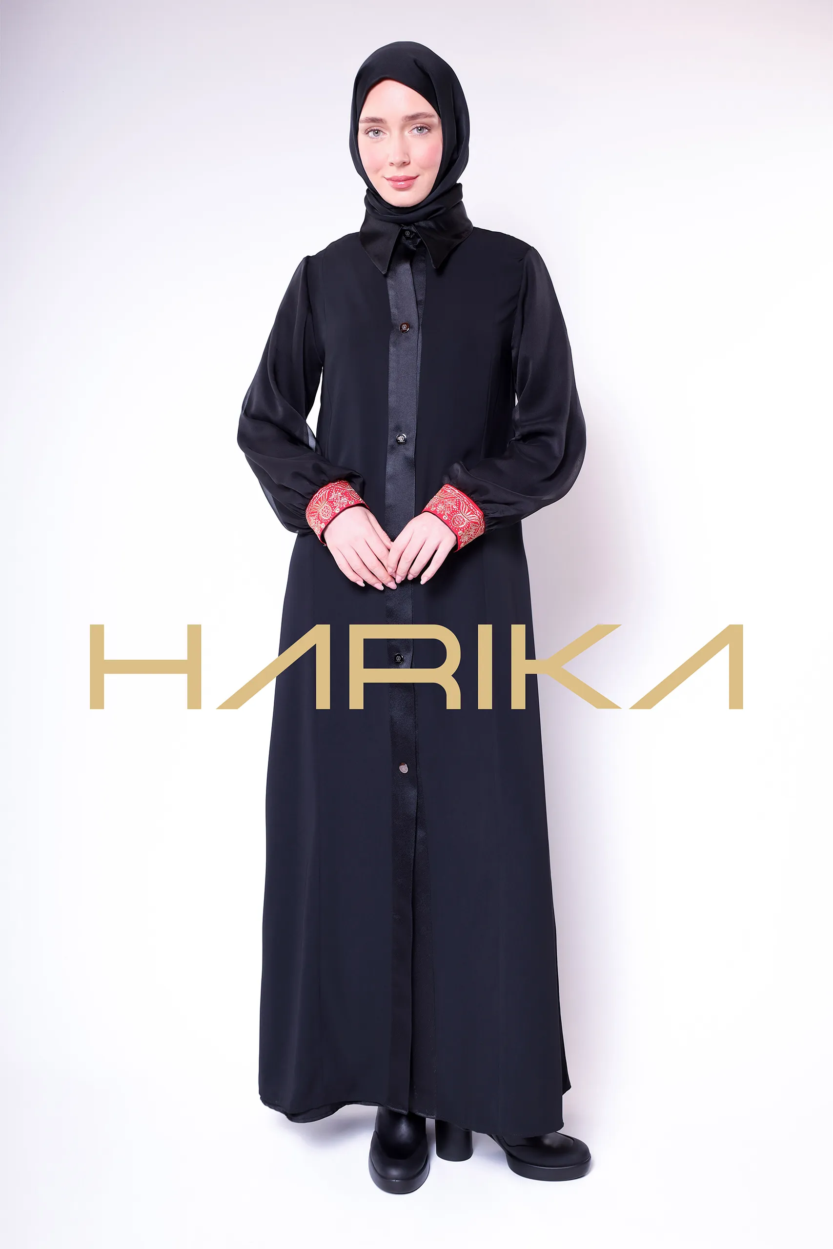 Patterned, Long-Sleeve, Buttoned, Elegant Classic Black Abaya - Image 2