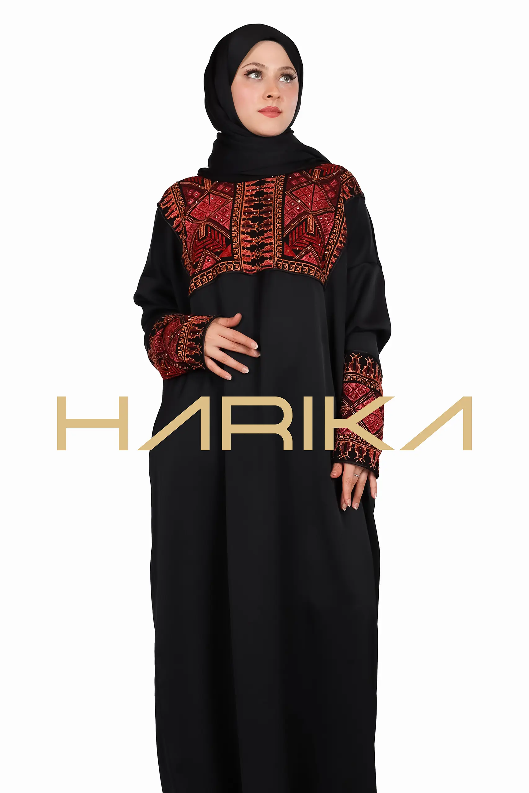 Islamic style prayer abaya with embellishments on the chest and sleeves