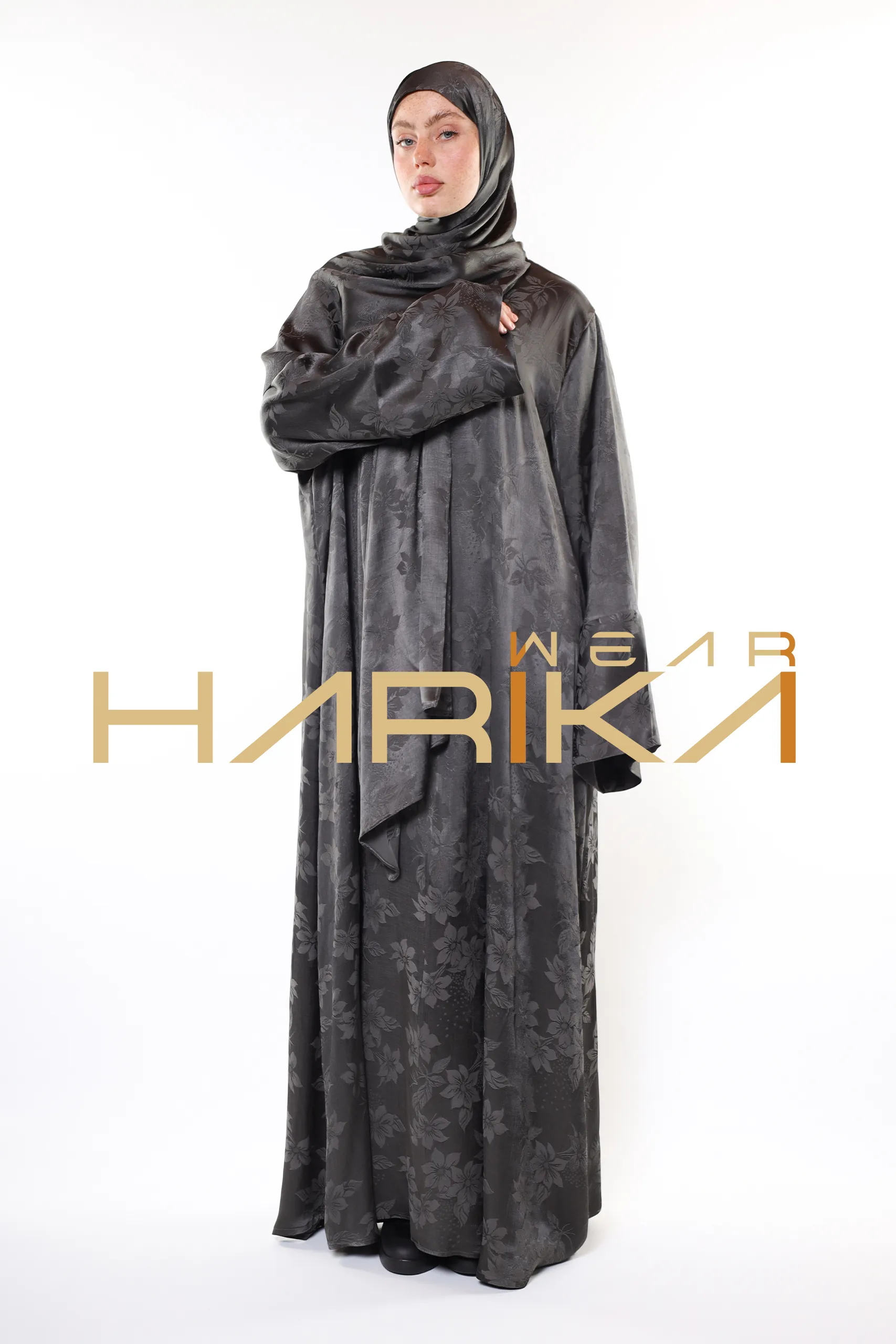 Royal Silk Prayer Dress – Silver Elegance and Sparkle with Floral Patterns (Shawl Gift) - Image 3