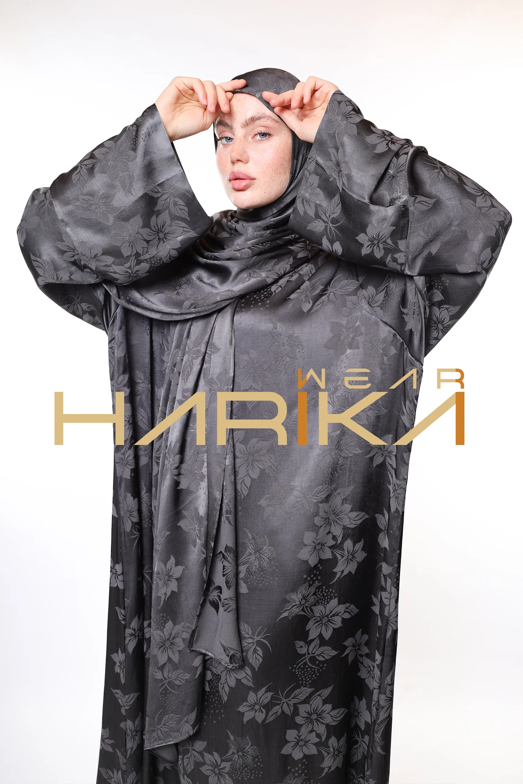 Royal Silk Prayer Dress – Silver Elegance and Sparkle with Floral Patterns (Shawl Gift)
