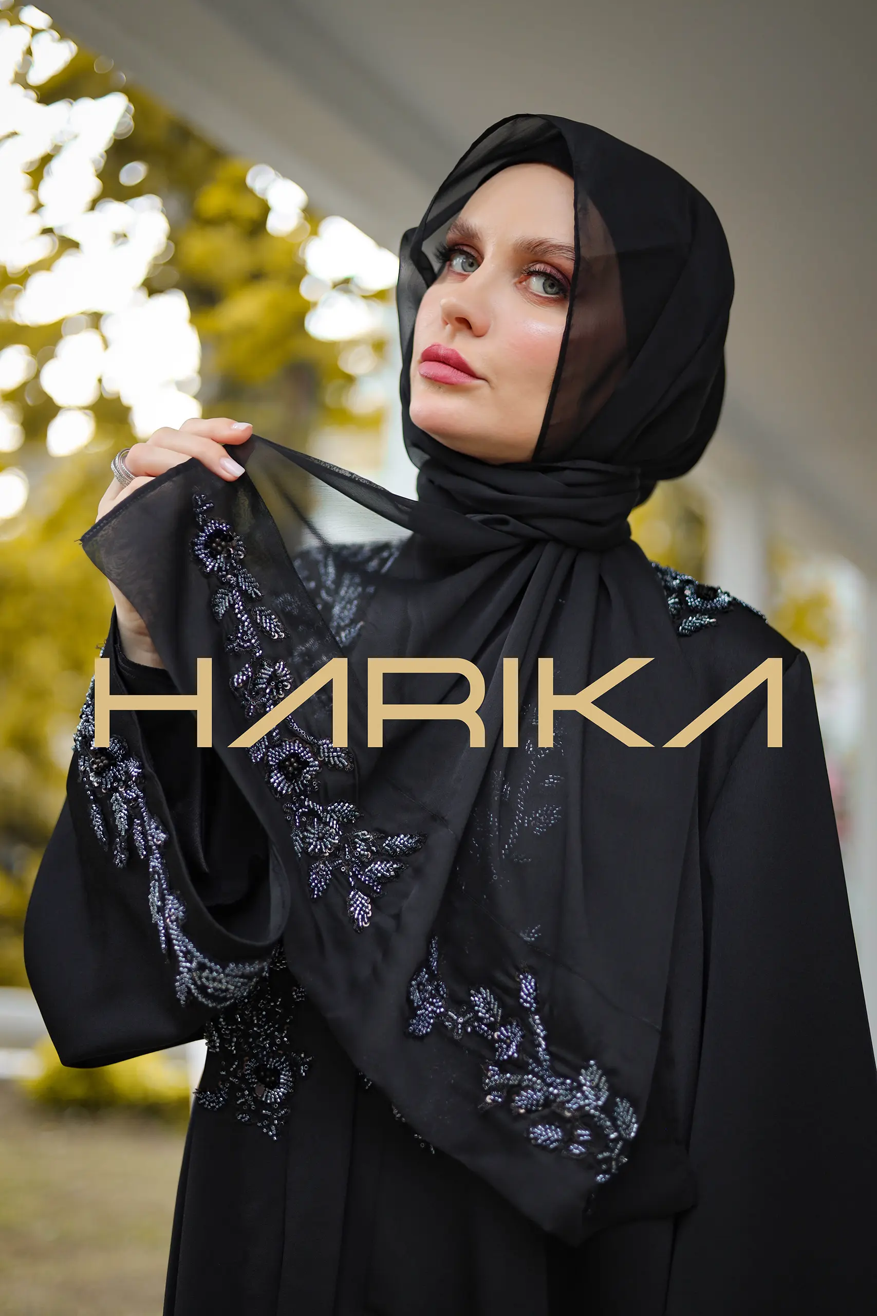 Black chiffon shawl with hand-made crystal details