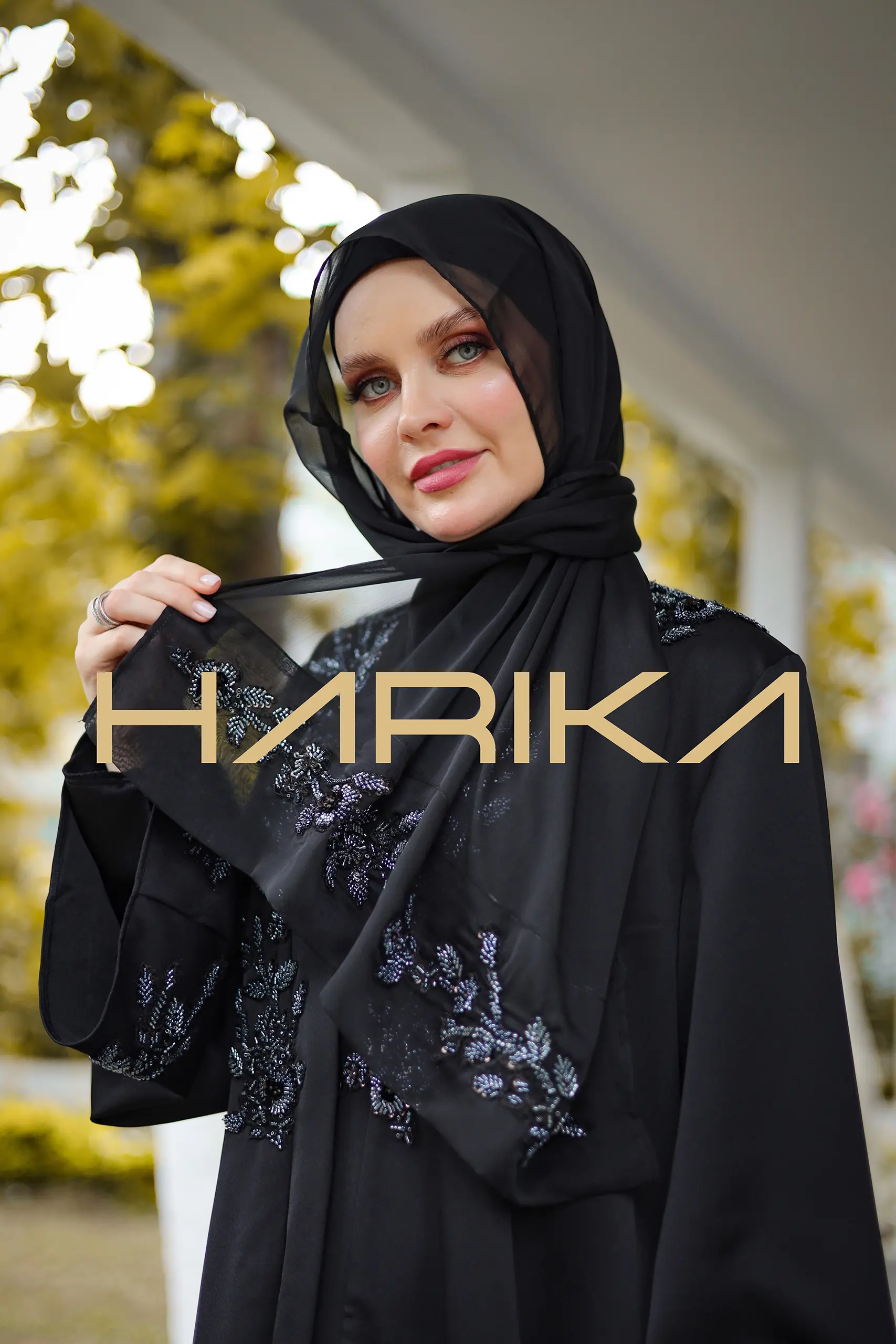 Black chiffon shawl with hand-made crystal details - Image 2