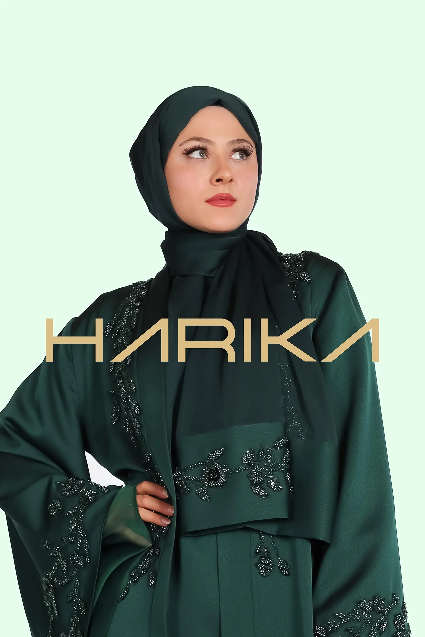 Green chiffon shawl with hand-made crystal details