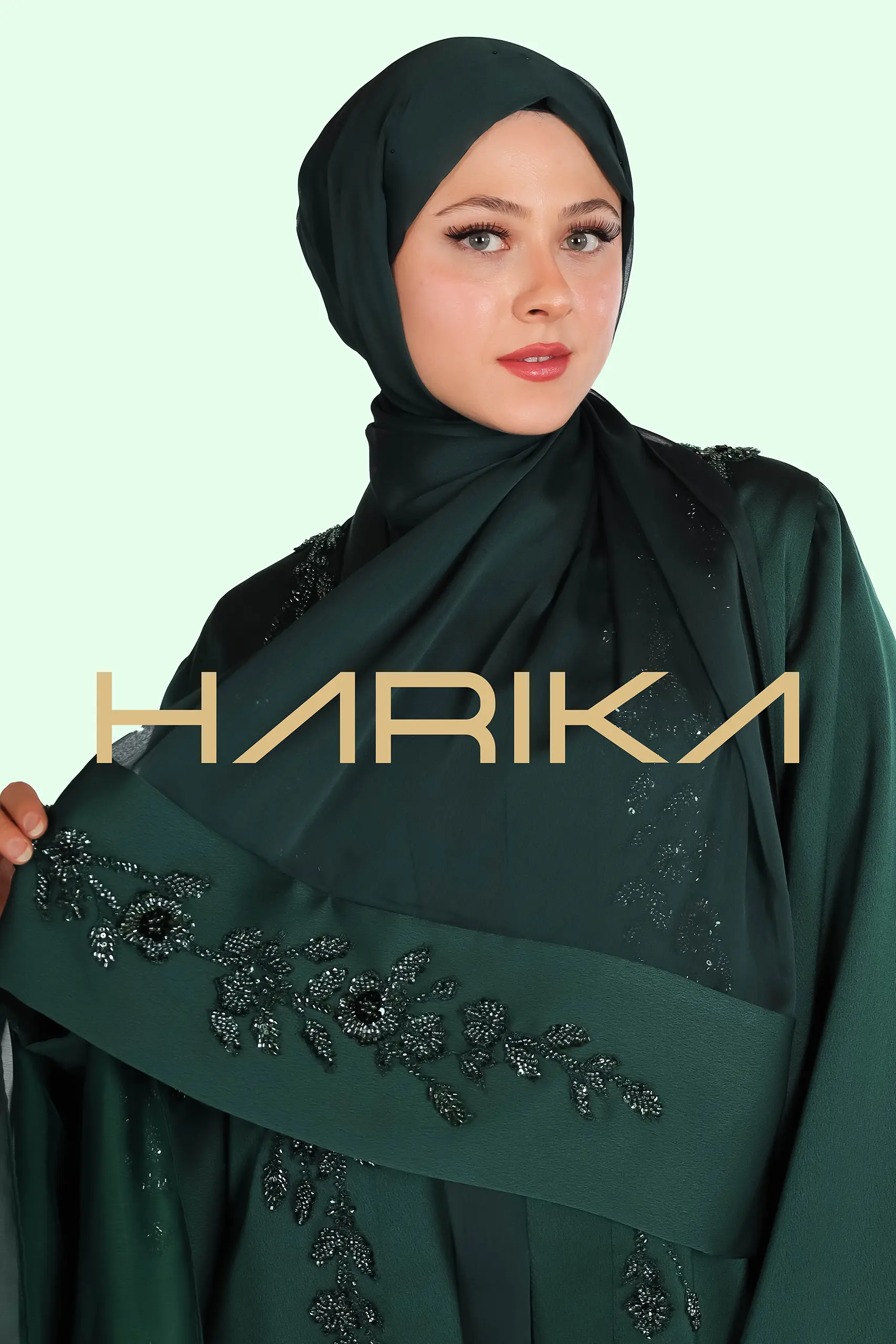 Green chiffon shawl with hand-made crystal details - Image 3
