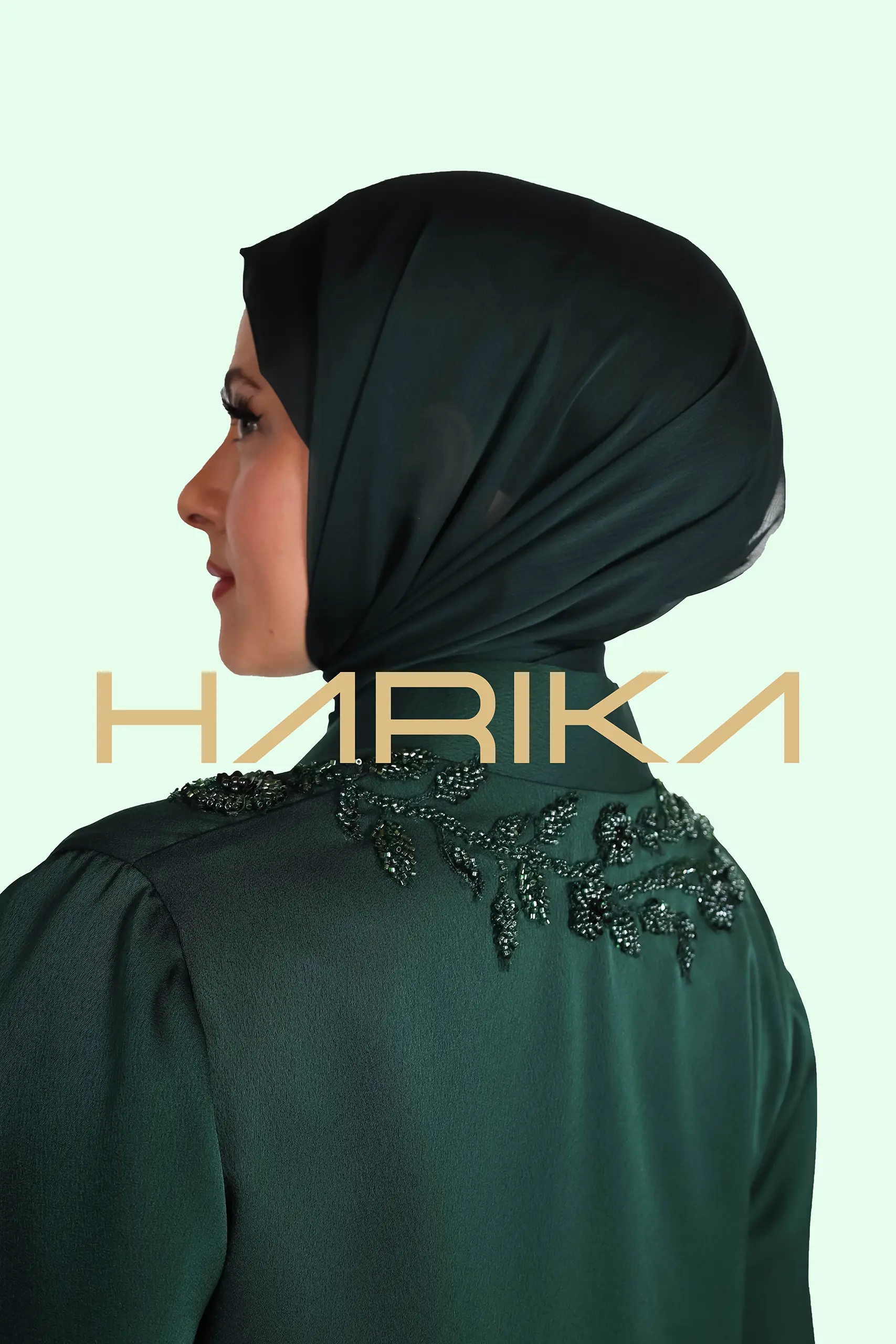 Green chiffon shawl with hand-made crystal details - Image 2