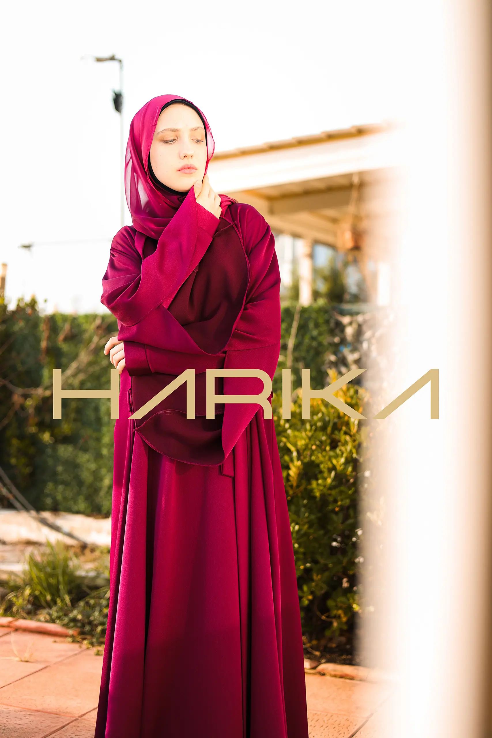 Dark Fuchsia Silk Crepe Abaya Set - Image 8