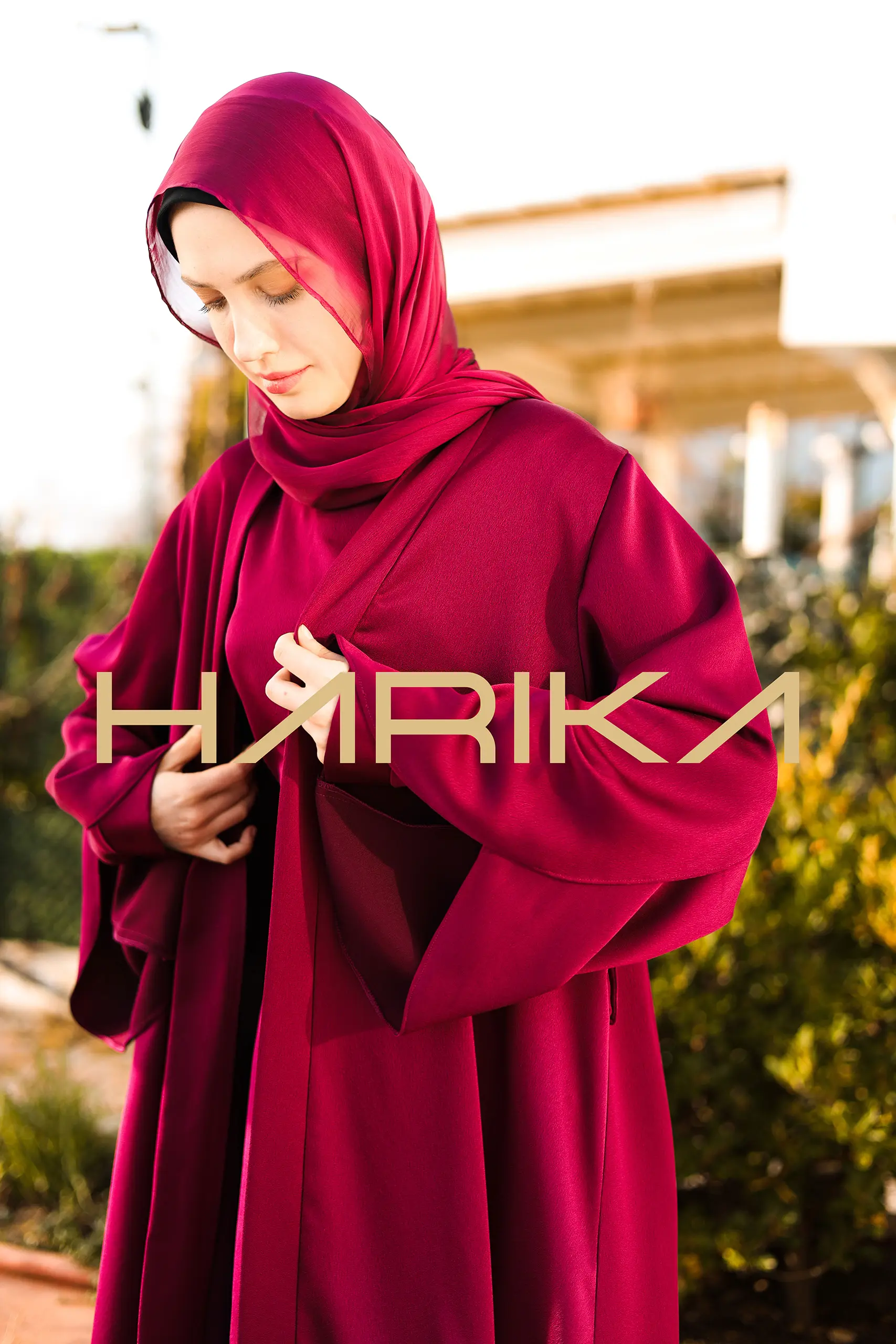 Dark Fuchsia Silk Crepe Abaya Set - Image 5