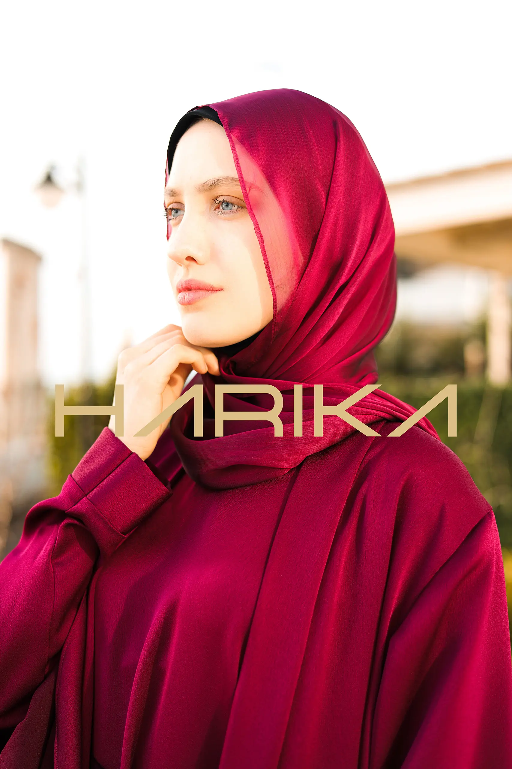Dark Fuchsia Silk Crepe Abaya Set - Image 3
