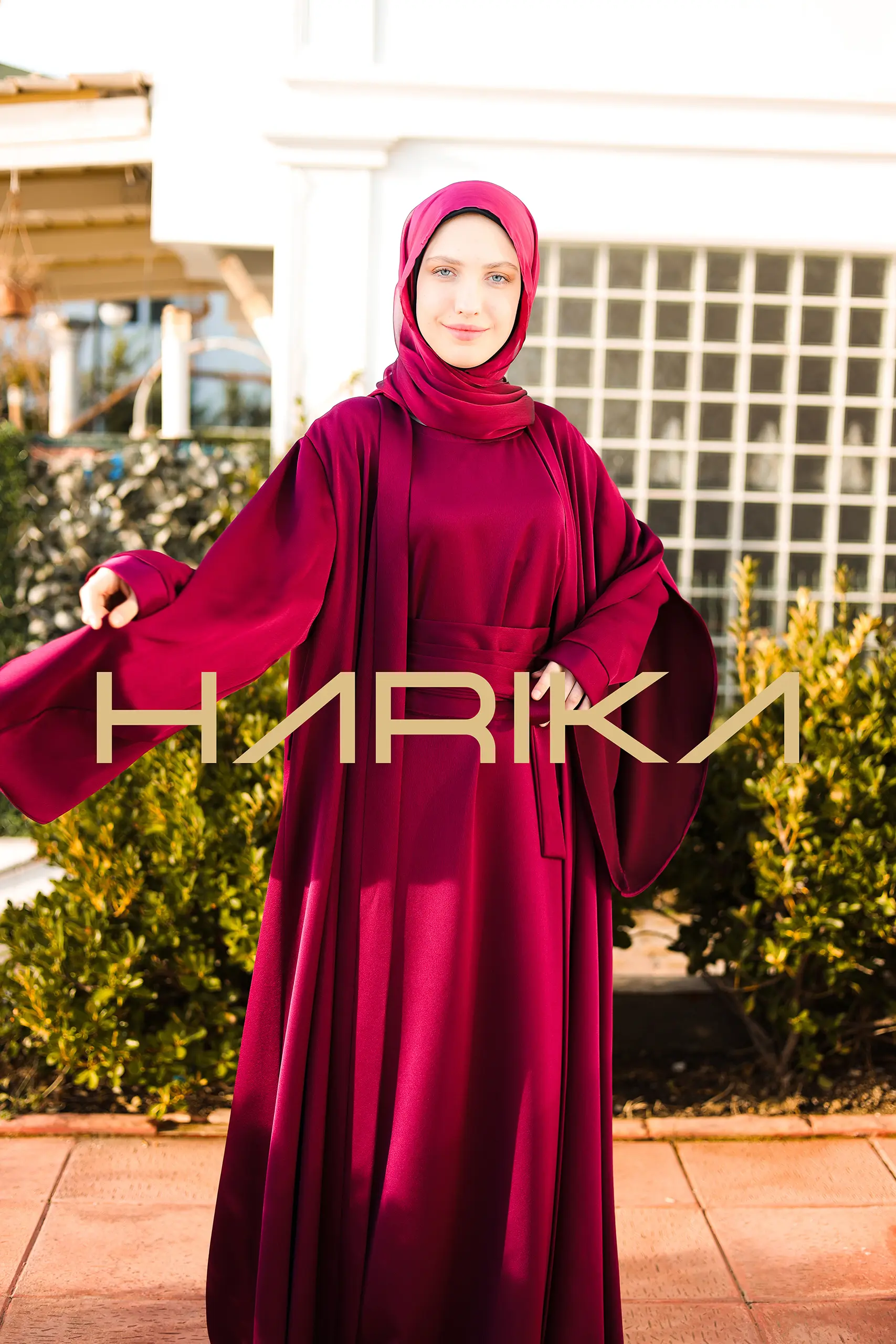 Dark Fuchsia Silk Crepe Abaya Set - Image 9