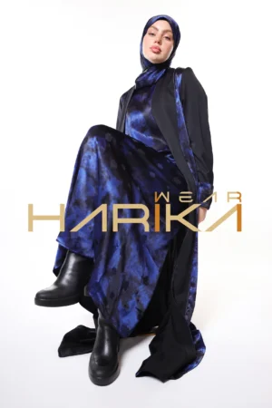 Modern and Elegant Design Blue and Black Detailed Luxury 3 Piece Set – Abaya, Dress and Shawl