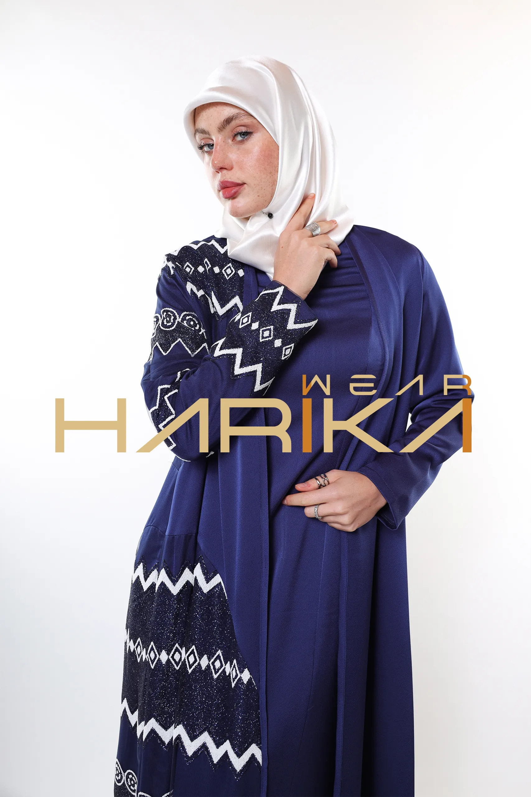 Evening Star Royal Embroidered Navy Blue 3 Piece Abaya Set (Abaya-dress and a belt) - Image 16