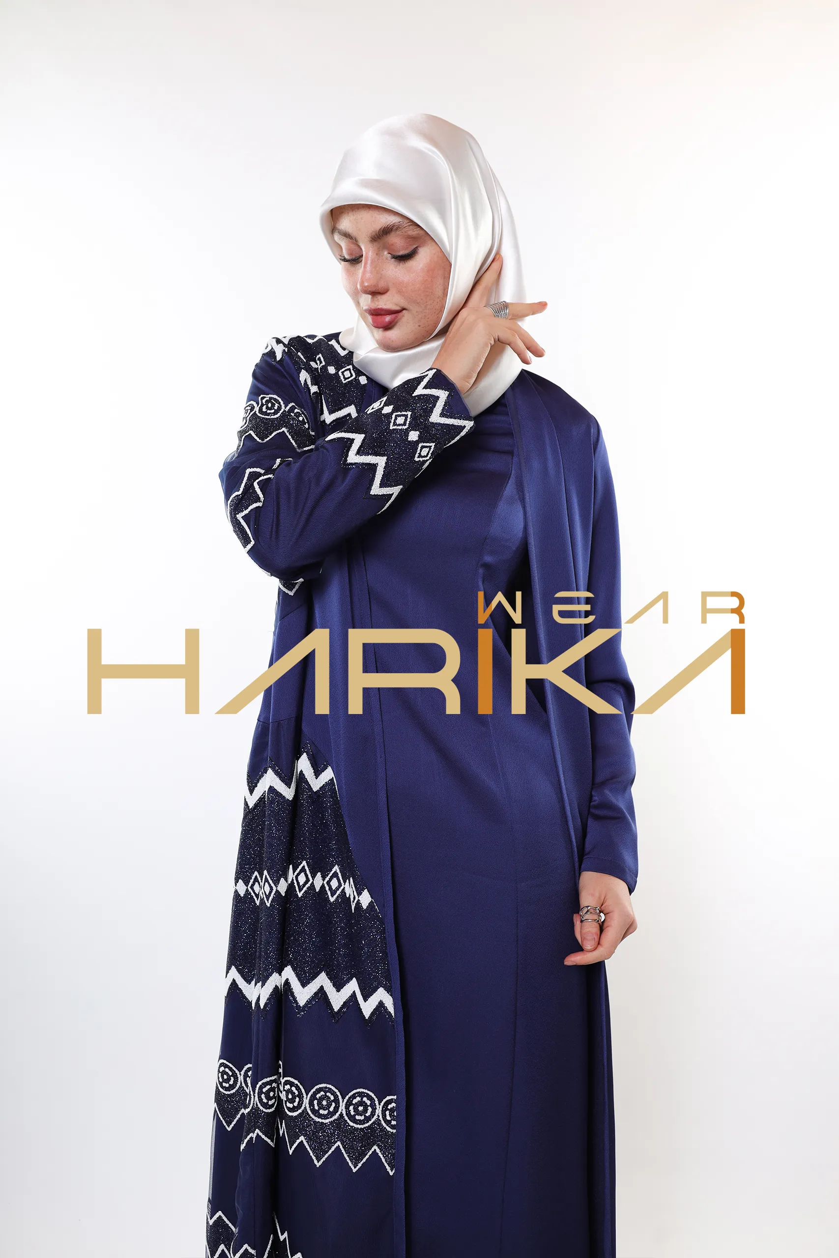 Evening Star Royal Embroidered Navy Blue 3 Piece Abaya Set (Abaya-dress and a belt) - Image 17