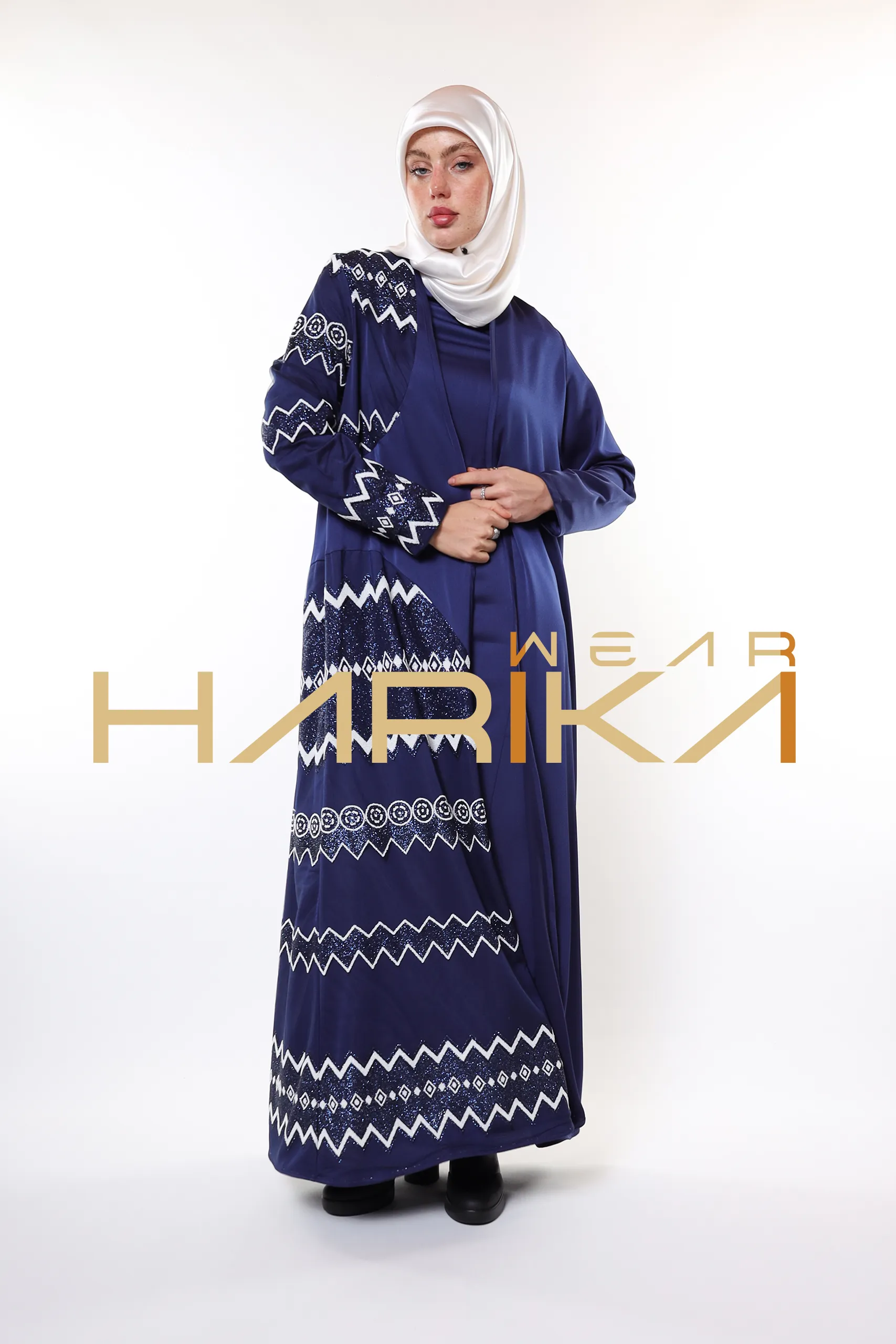 Evening Star Royal Embroidered Navy Blue 3 Piece Abaya Set (Abaya-dress and a belt) - Image 15