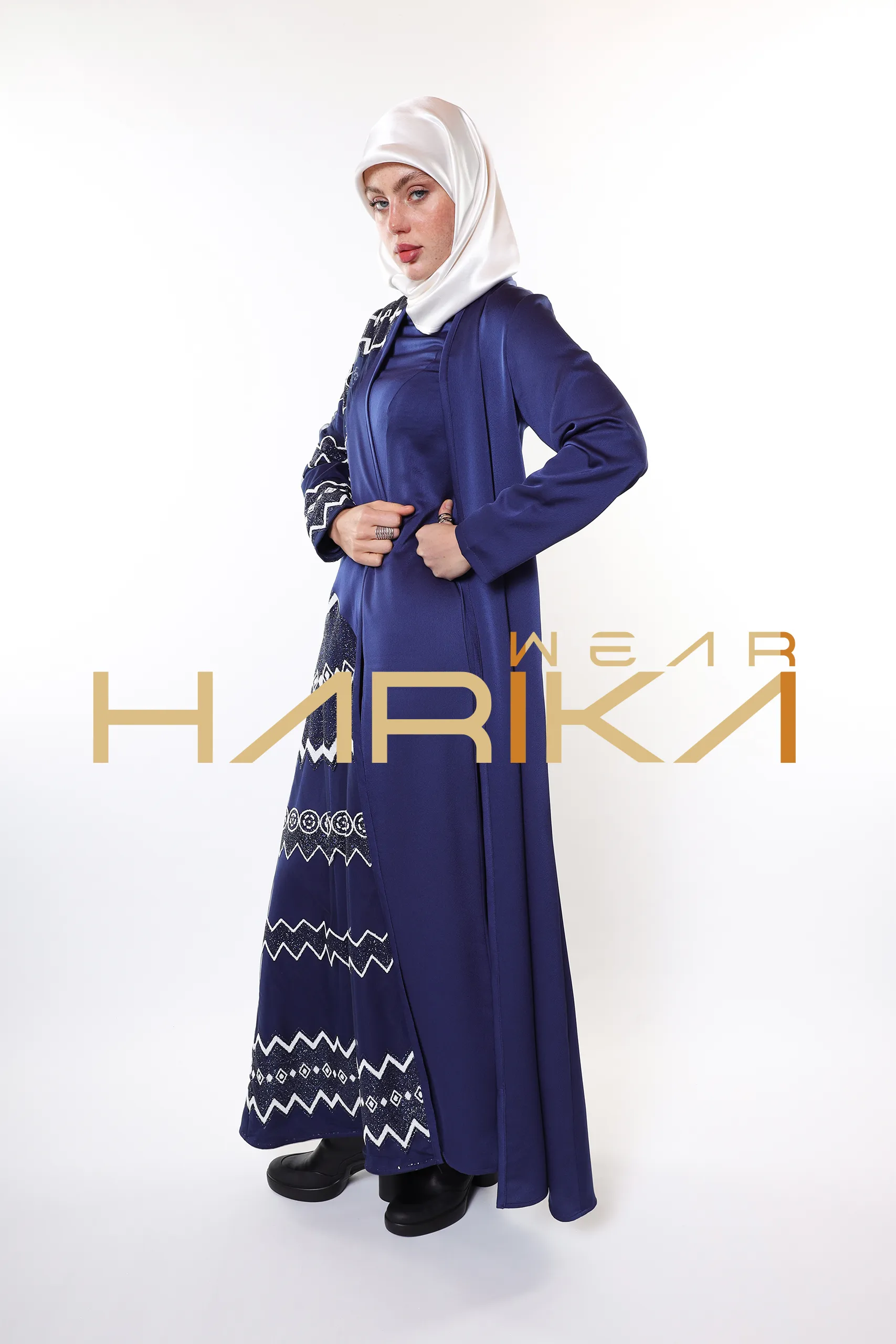 Evening Star Royal Embroidered Navy Blue 3 Piece Abaya Set (Abaya-dress and a belt) - Image 14
