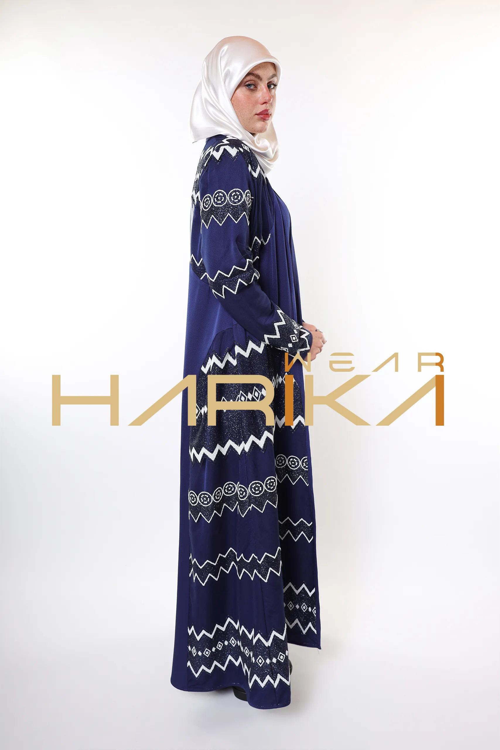 Evening Star Royal Embroidered Navy Blue 3 Piece Abaya Set (Abaya-dress and a belt) - Image 13